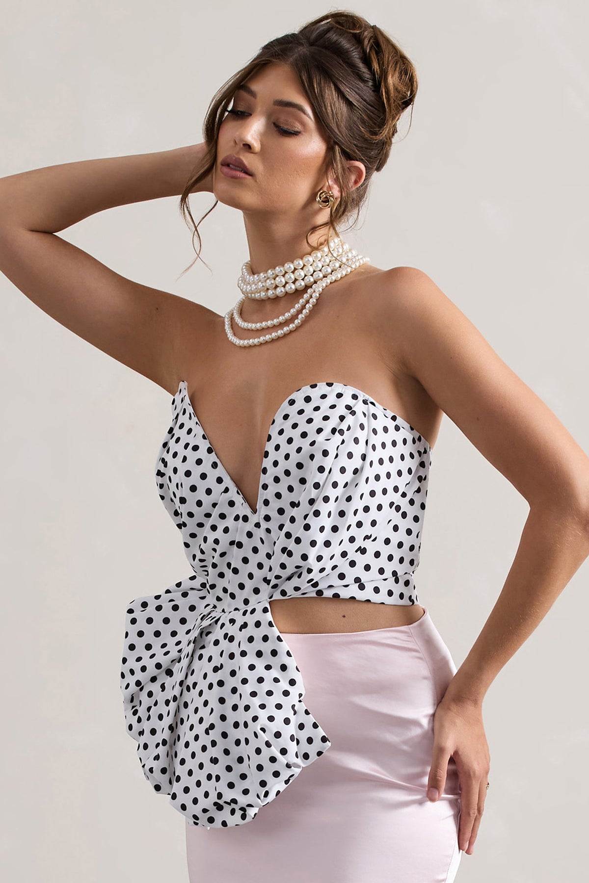 WB_CL132298201-HauteCreamPolkaDotAsymmetricPlunge-NeckCorsetWithRuffle_CL132299008-CouturePinkSatinMaxiSkirt4copy