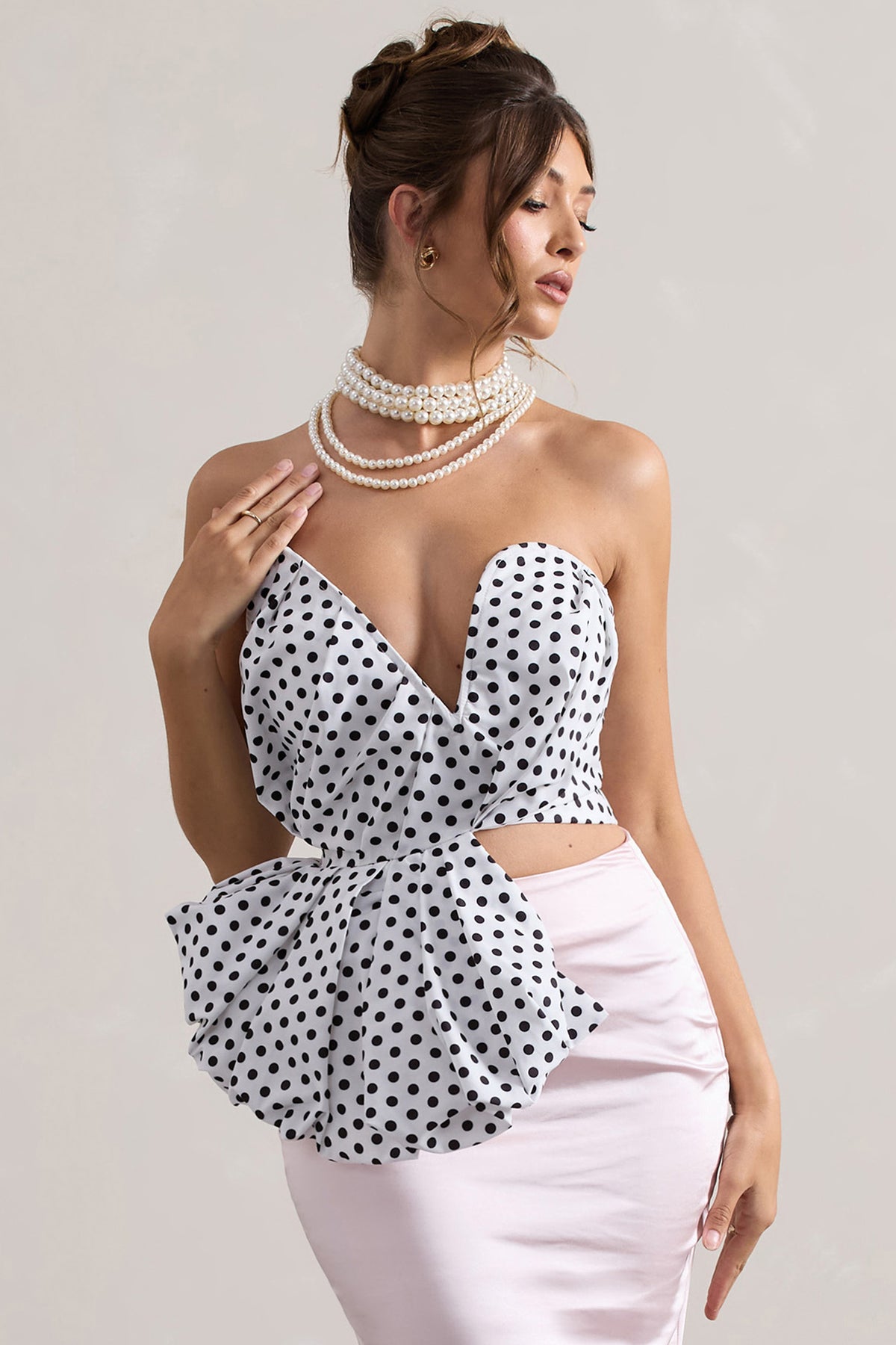 WB_CL132298201-HauteCreamPolkaDotAsymmetricPlunge-NeckCorsetWithRuffle_CL132299008-CouturePinkSatinMaxiSkirt9copy