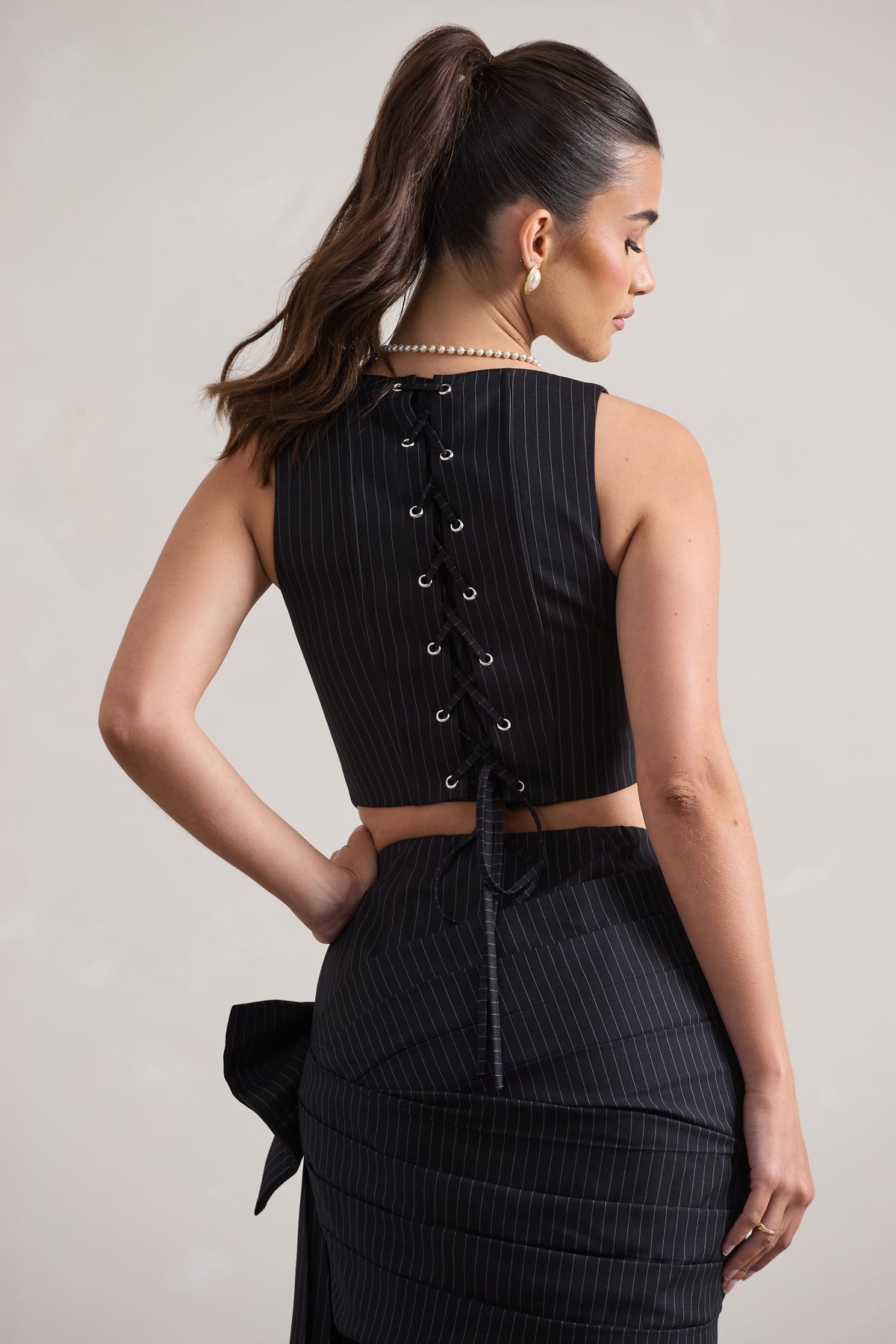 Think Again | Navy Pinstripe Structured Corset Top - Club L 