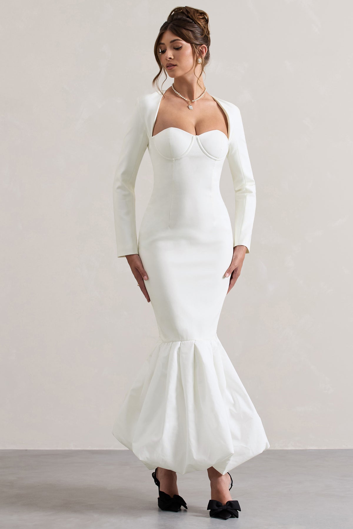 London Cream Sweetheart Maxi Dress With Volume Hem Club L London - UK London Cream Sweetheart Maxi Dress With Volume Hem Club L London - UK