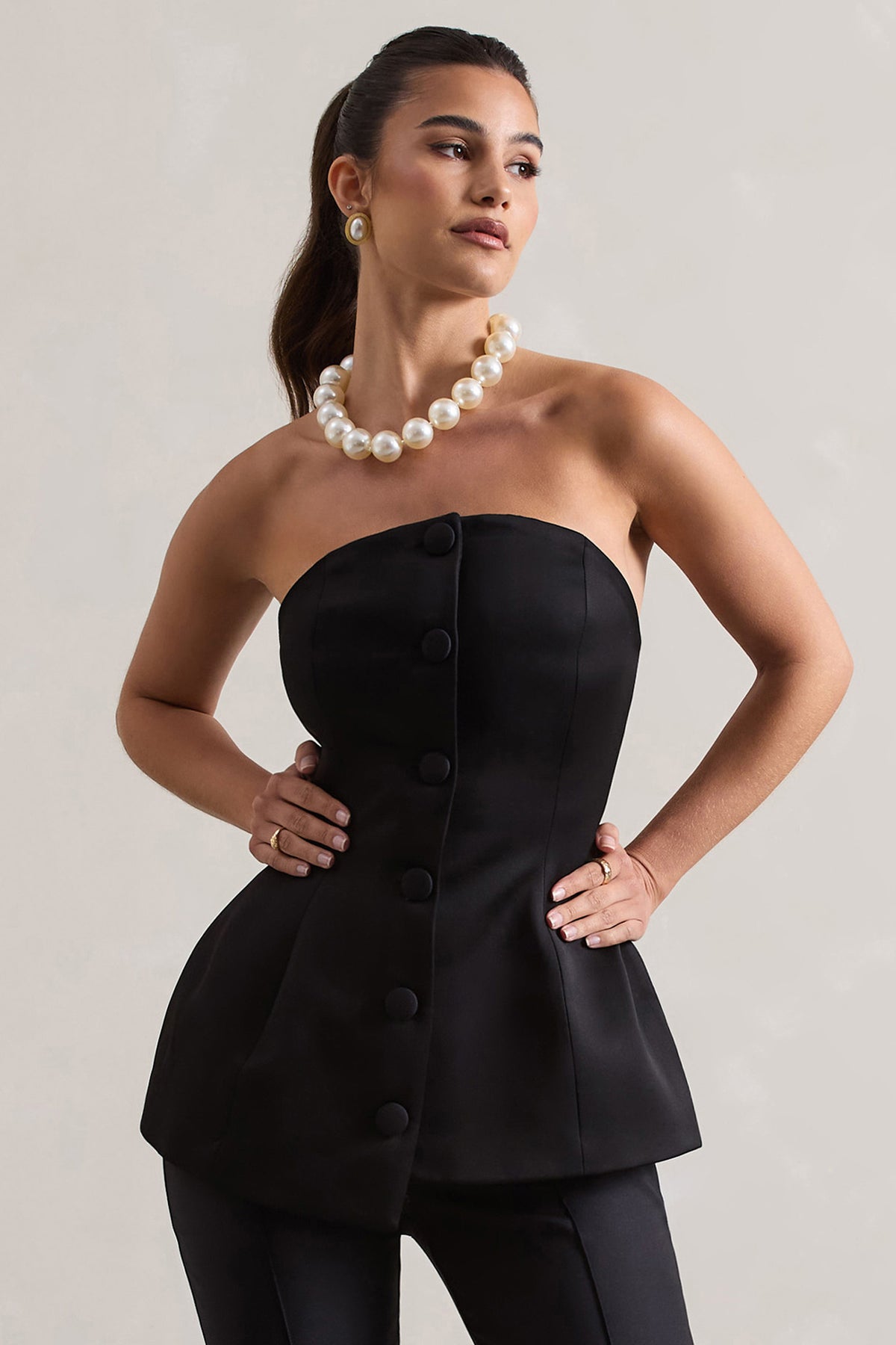 Century | Black Satin Strapless Button Front Corset Top - Club L 