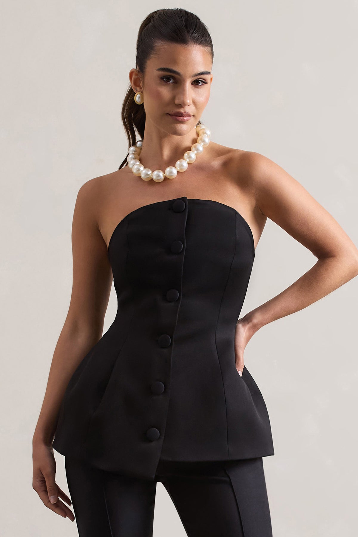 Century | Black Satin Strapless Button Front Corset Top - Club L 