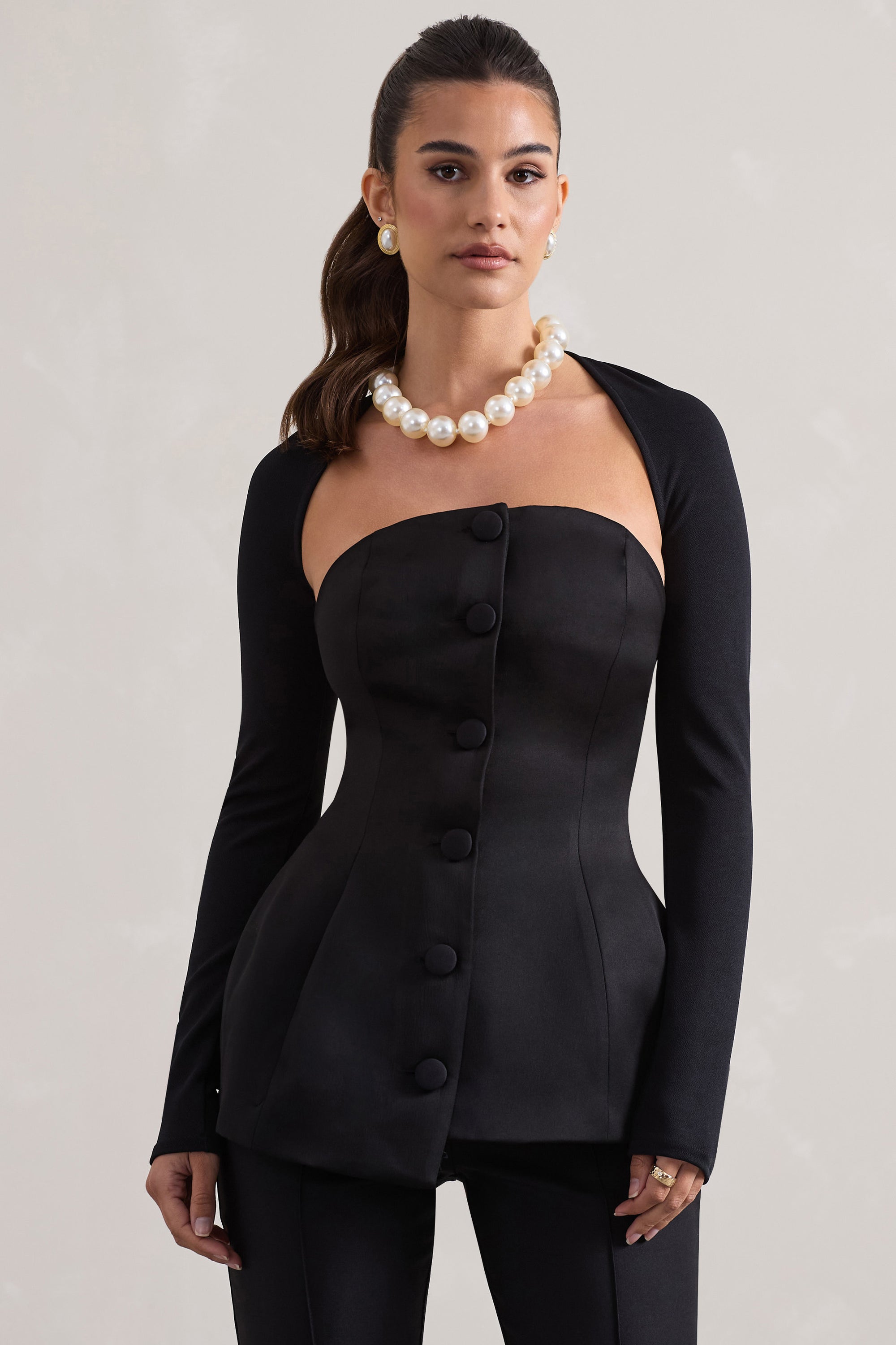 Century | Black Satin Strapless Button Front Corset Top - Club L 