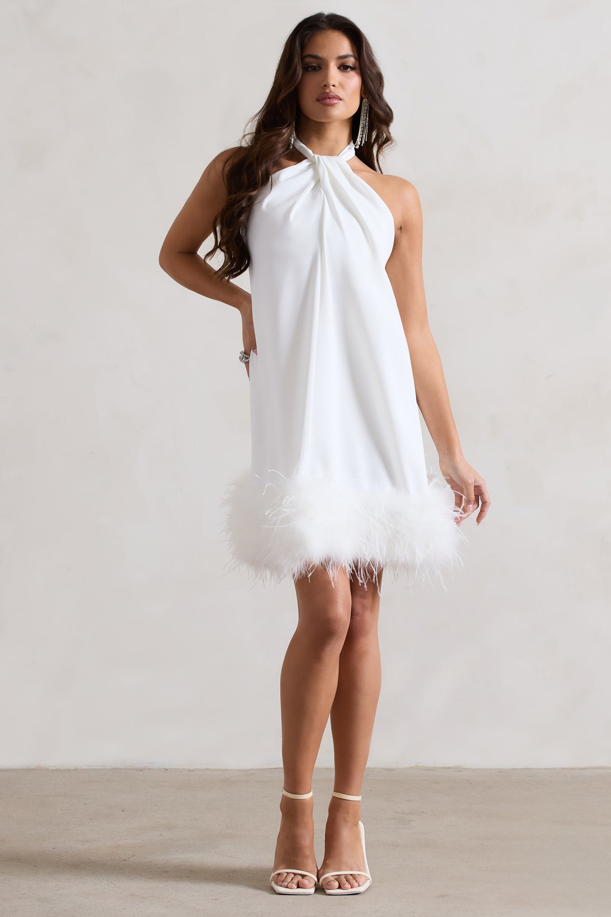 Femme | White Halter-Neck Smock Mini Dress With Feather Hem - Club L 