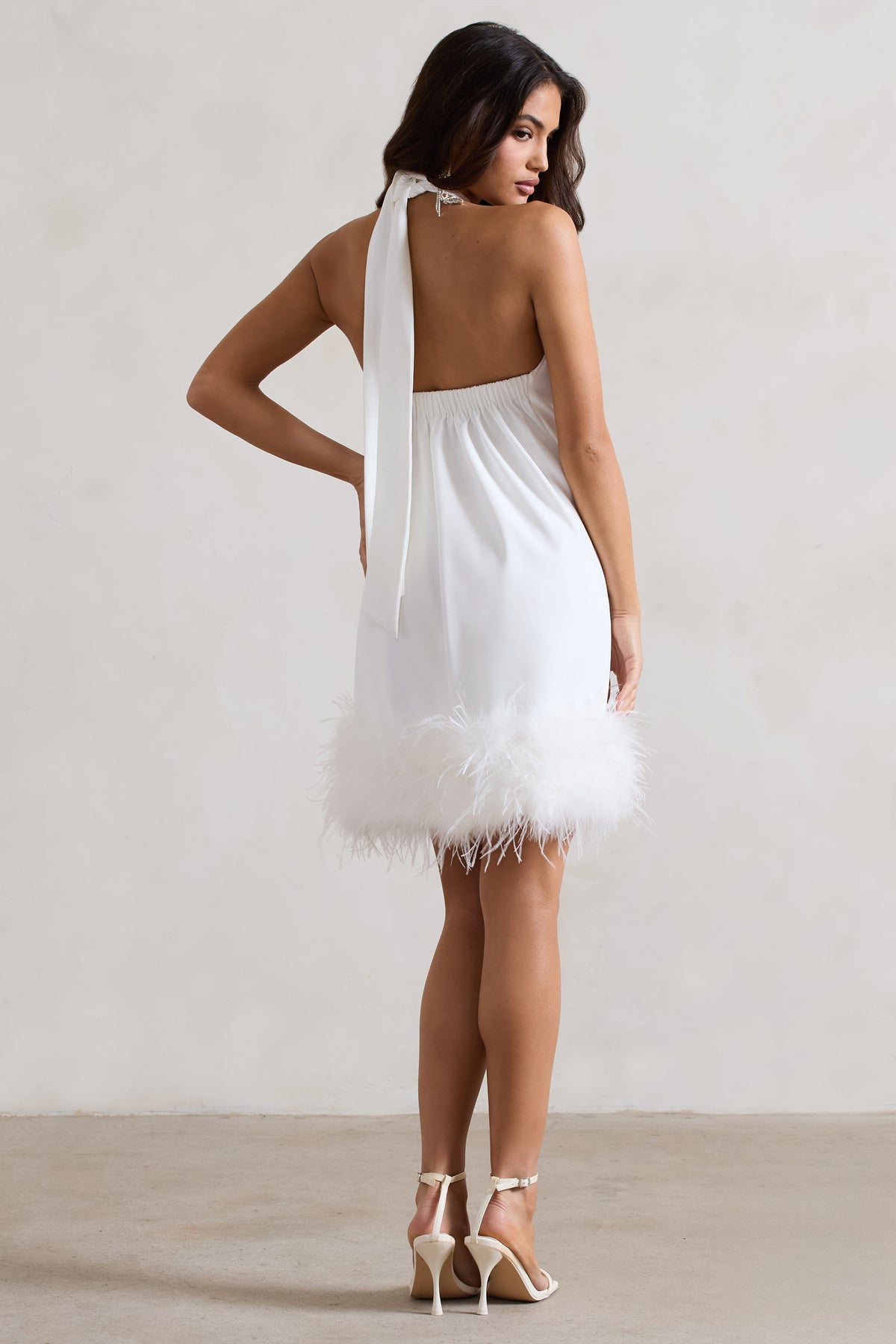 Femme | White Halter-Neck Smock Mini Dress With Feather Hem - Club L 