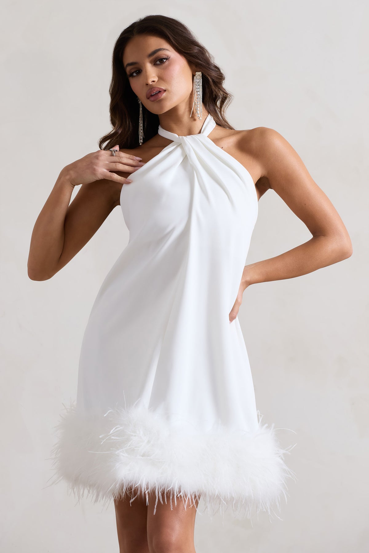 Femme | White Halter-Neck Smock Mini Dress With Feather Hem - Club L 