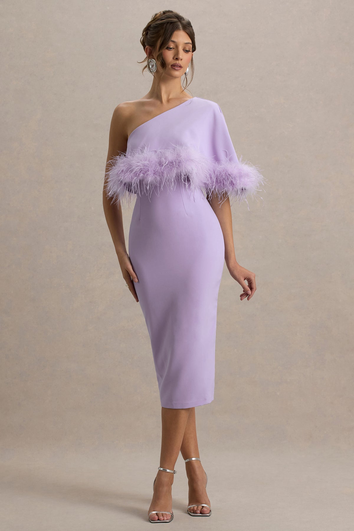 Colour Ladies Purple Dress Victory Lilac One Shoulder Midi Dress With Feather Trim Club L London UK Colour Ladies Purple Dress Victory Lilac One Shoulder Midi Dress With Feather Trim Club L London UK