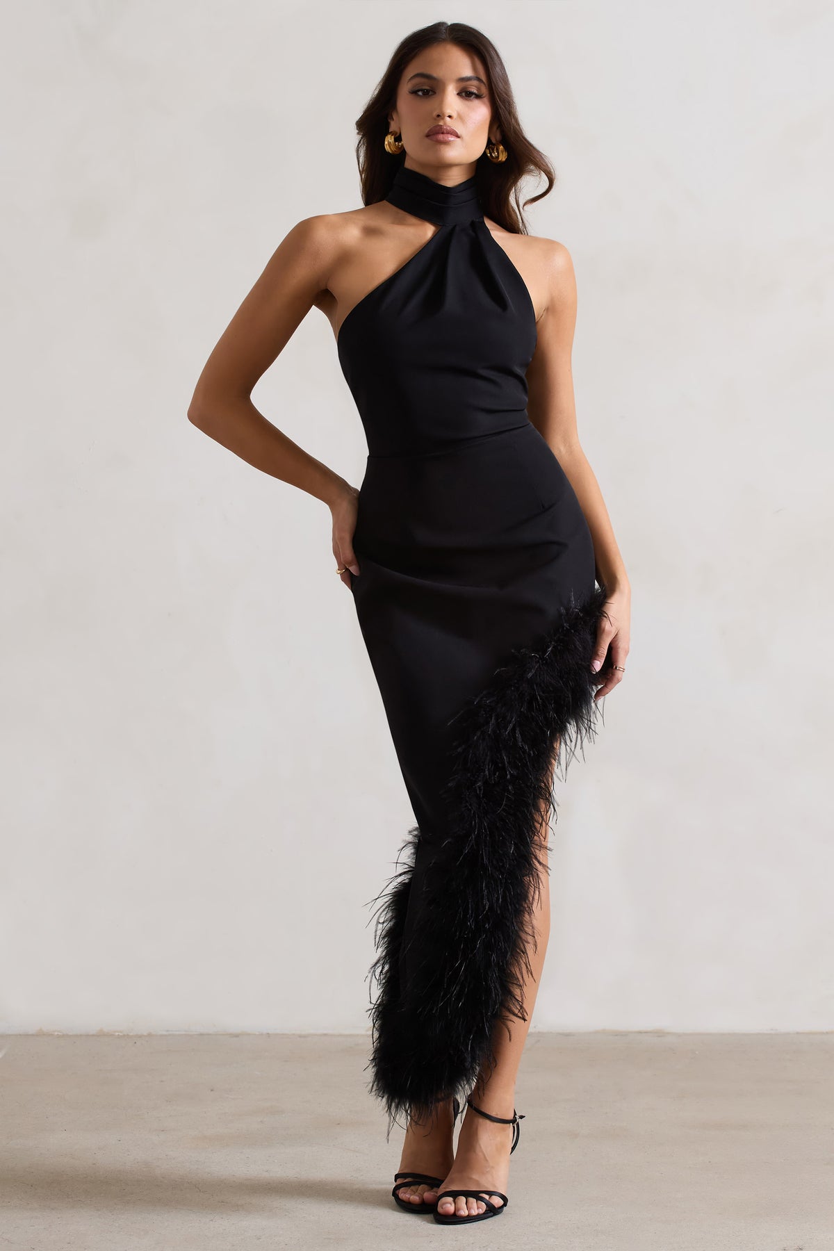 Brilliance Black Asymmetric Maxi Dress With Feather Trim Club L London - UK Brilliance Black Asymmetric Maxi Dress With Feather Trim Club L London - UK
