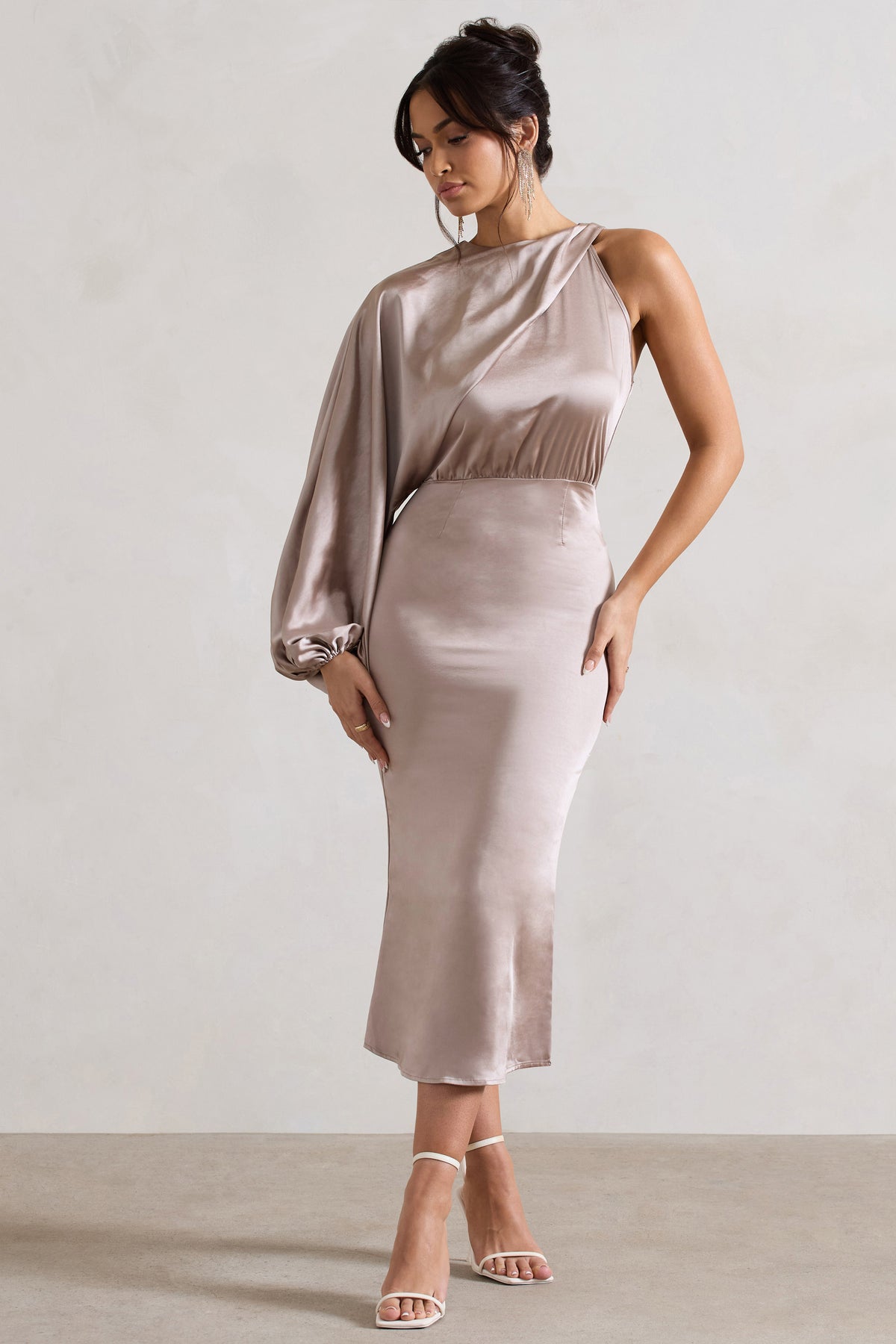 Nola | Taupe Satin One-Sleeve Midi Dress - Club L 