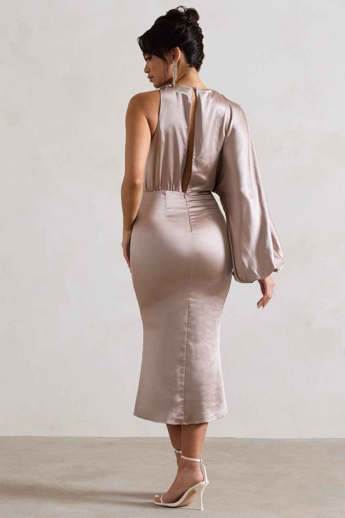 Nola | Taupe Satin One-Sleeve Midi Dress - Club L 