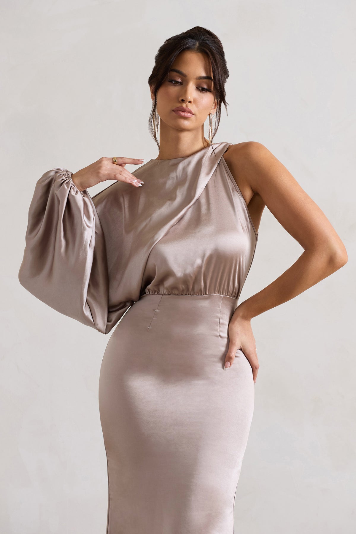 Nola | Taupe Satin One-Sleeve Midi Dress - Club L 