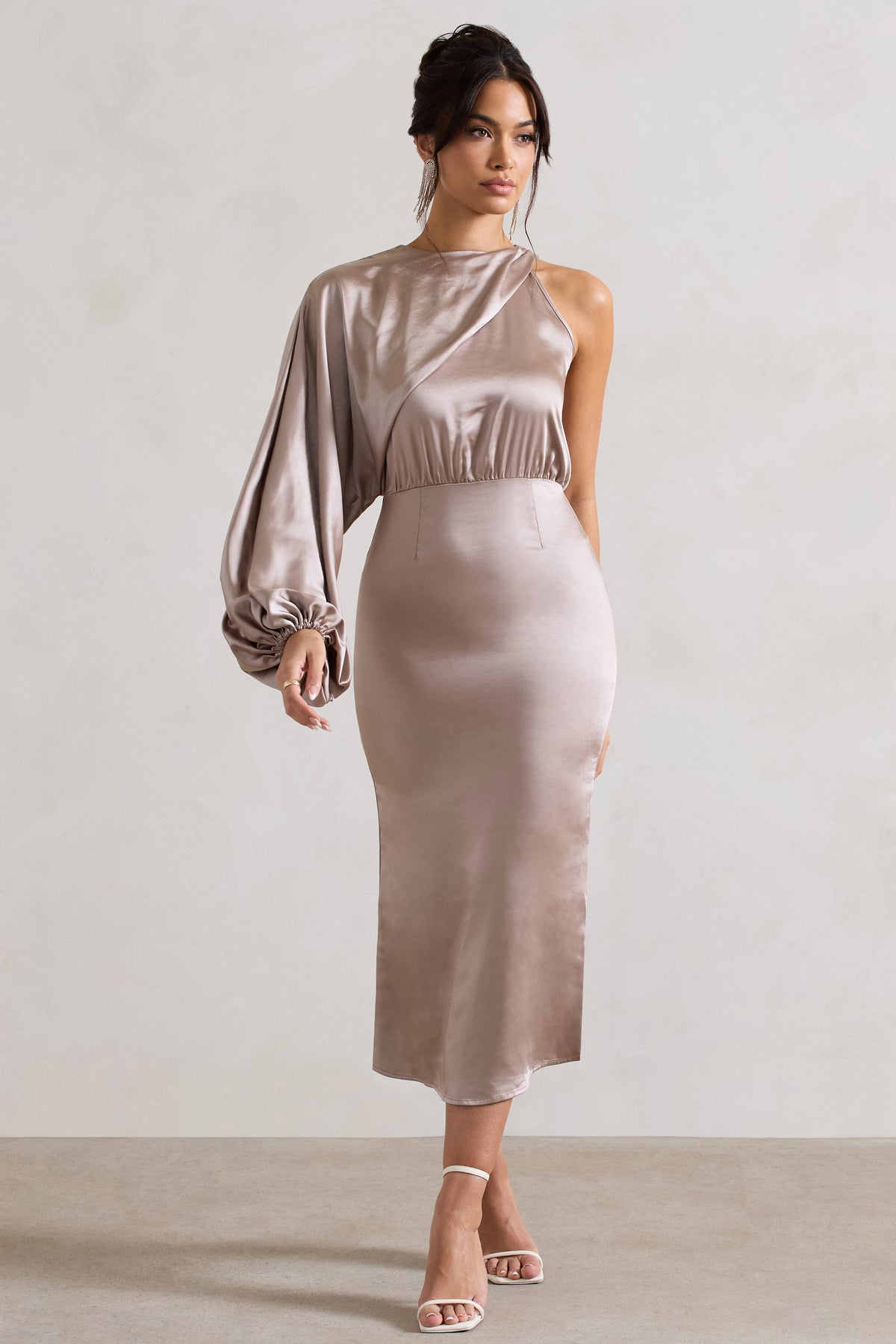 Nola | Taupe Satin One-Sleeve Midi Dress - Club L 