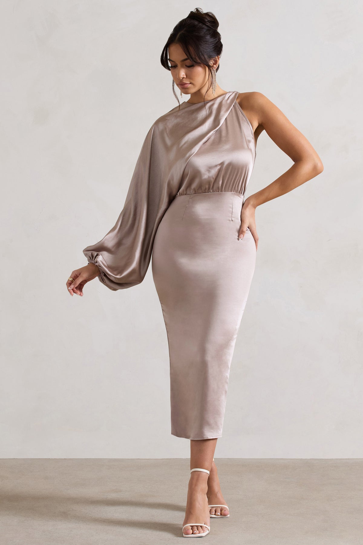 Nola | Taupe Satin One-Sleeve Midi Dress - Club L 