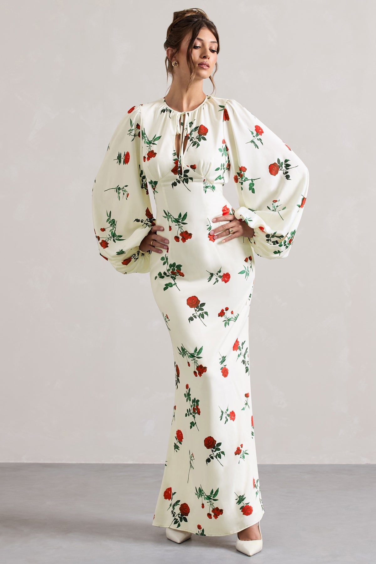 Wild Rose | Rose Print Satin Puff-Sleeve Cut-Out Maxi Dress - Club L 