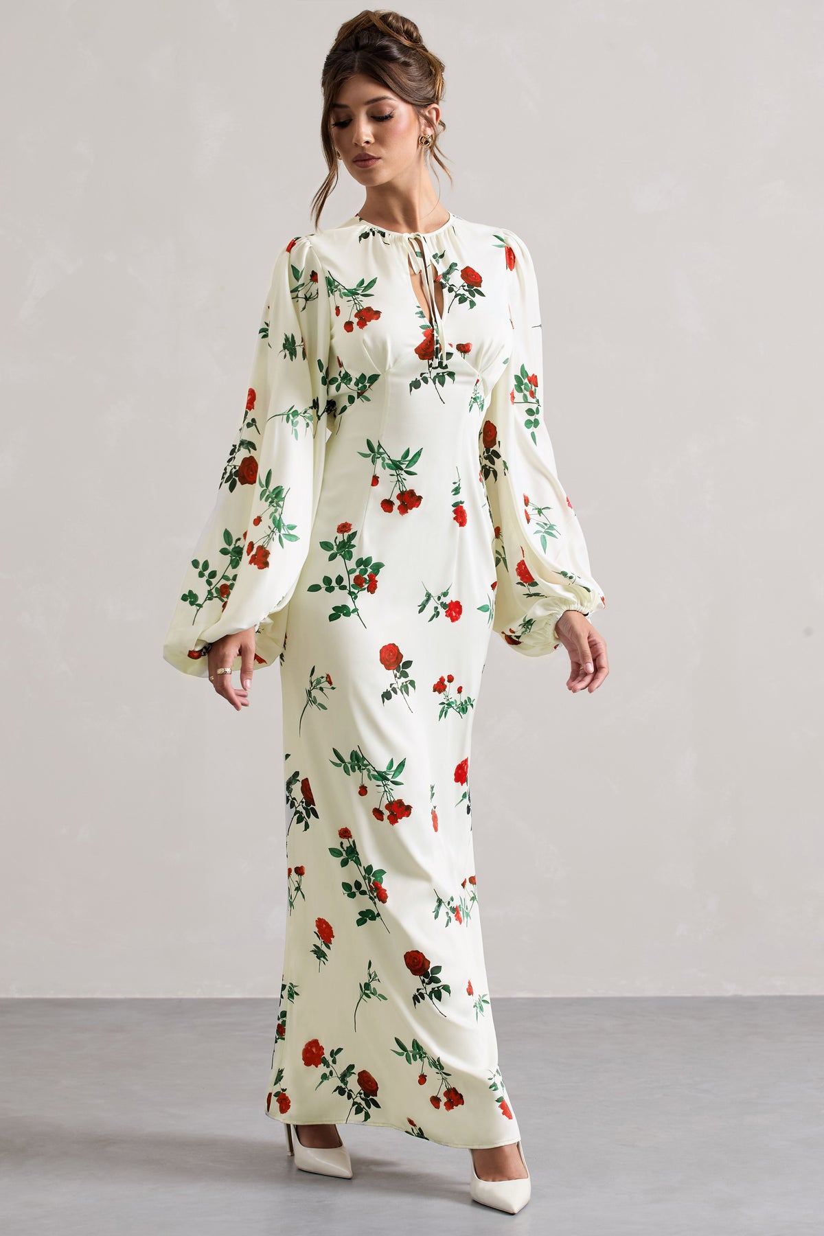 Wild Rose | Rose Print Satin Puff-Sleeve Cut-Out Maxi Dress - Club L 