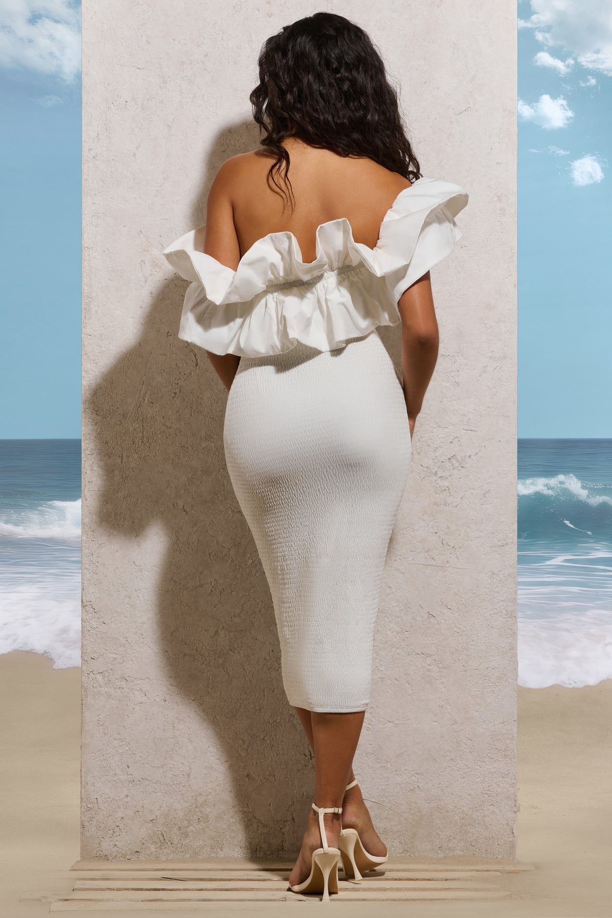 When In Rome | White Asymmetric Ruffle Midi Dress - Club L 