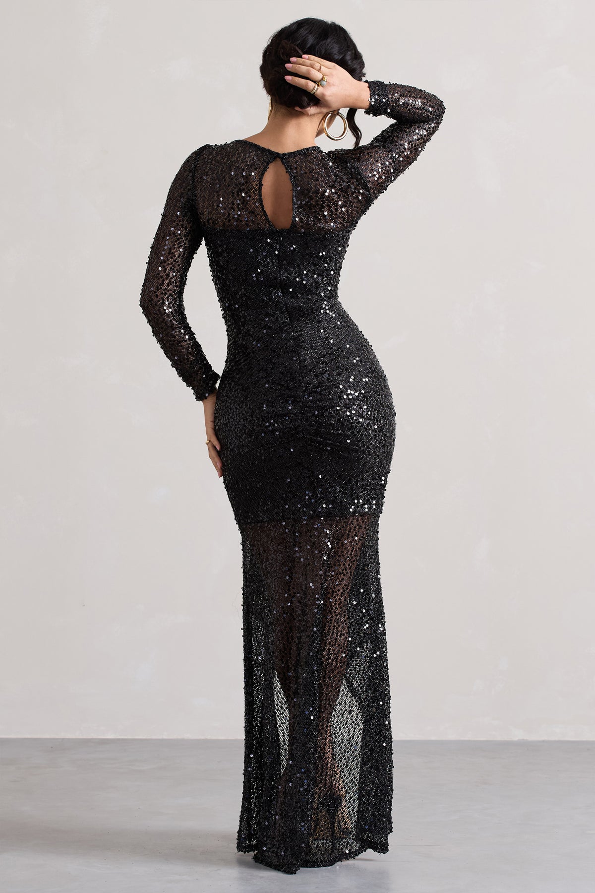 Stargirl | Black Sequin Sheer Ruched High-Low Maxi Dress - Club L 