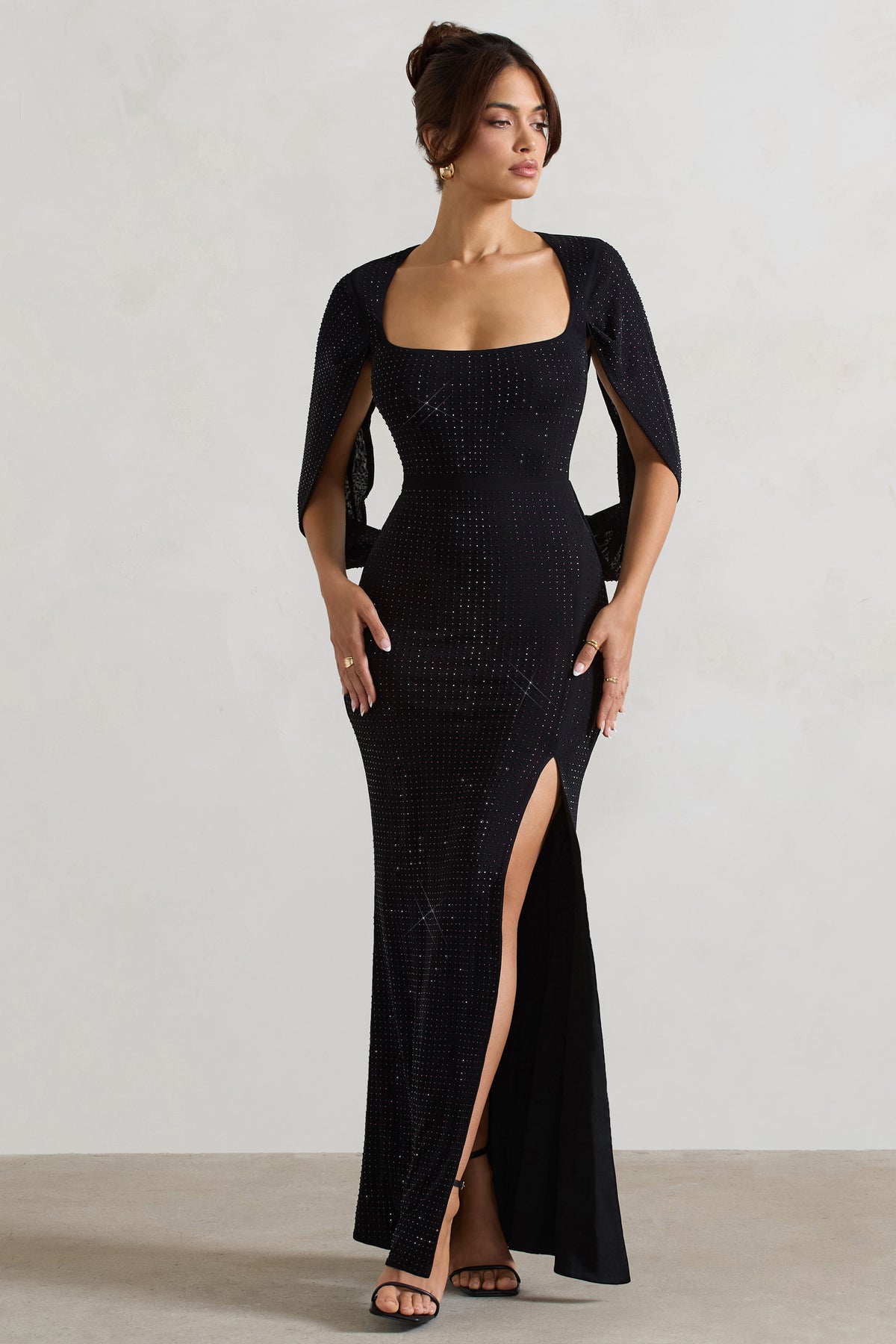 Broadway Black Embellished Fishtail Maxi Dress With Cape Sleeves Club L London - UK Broadway Black Embellished Fishtail Maxi Dress With Cape Sleeves Club L London - UK