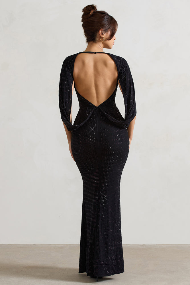 Broadway Black Embellished Fishtail Maxi Dress With Cape Sleeves Club L London - UK Broadway Black Embellished Fishtail Maxi Dress With Cape Sleeves Club L London - UK