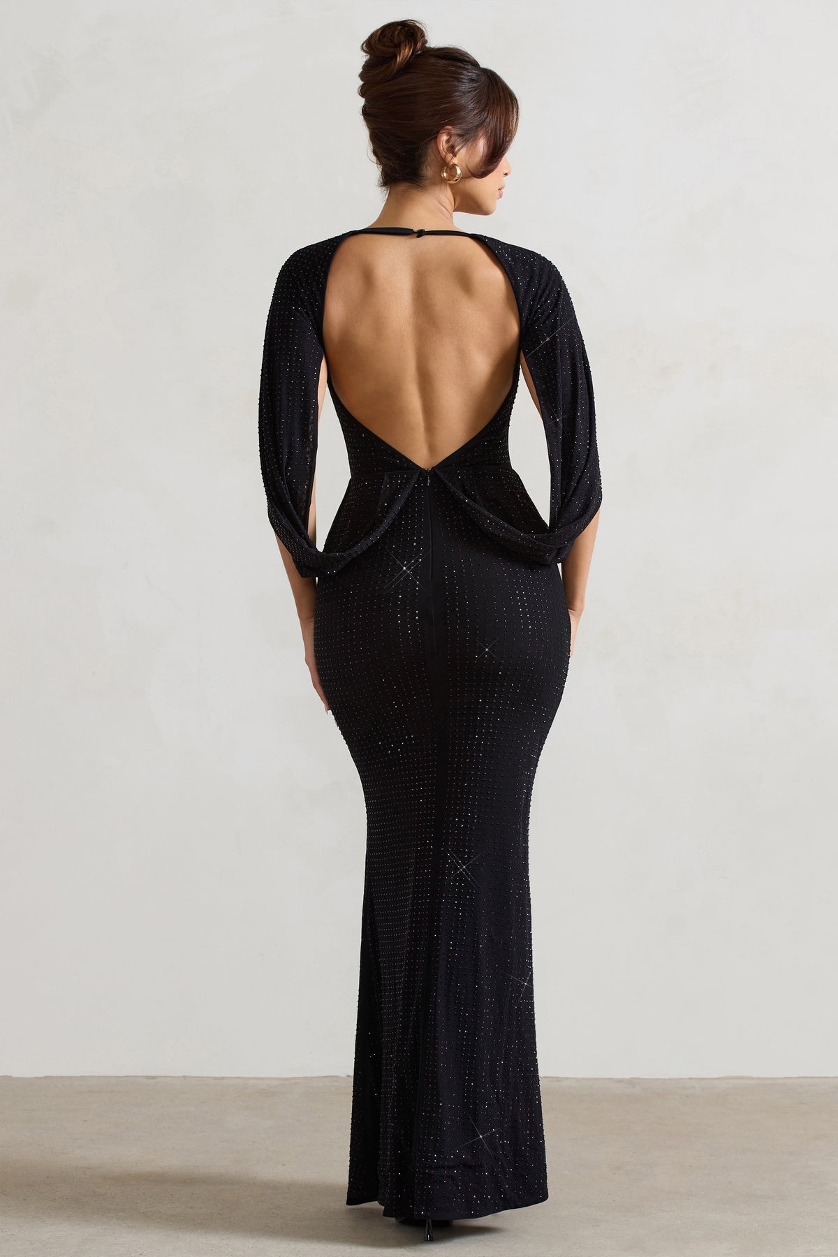 Broadway | Black Embellished Fishtail Maxi Dress With Cape Sleeves - Club L 