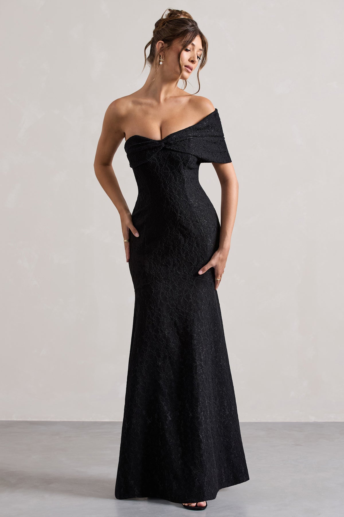 Masquerade | Black Lace Twisted Bardot Maxi Dress - Club L 