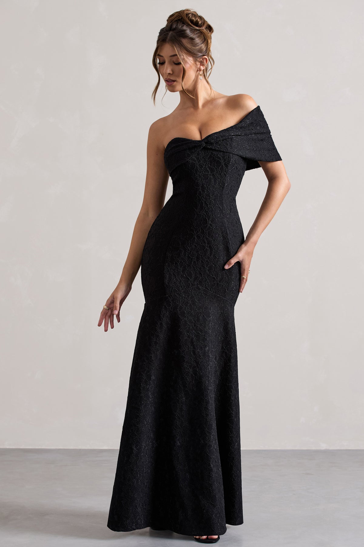Masquerade | Black Lace Twisted Bardot Maxi Dress - Club L 