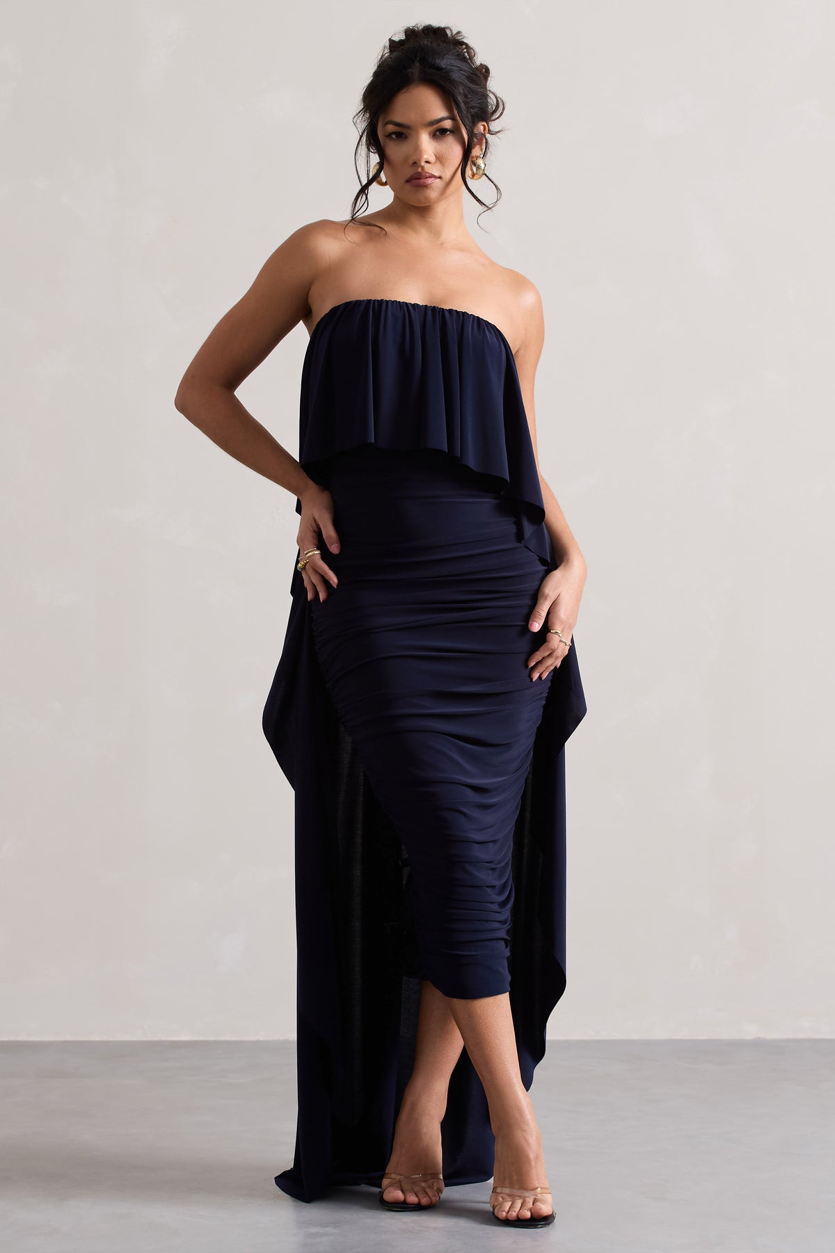 Upon A Time | Navy Ruched Bandeau Midi Dress With Cape - Club L 