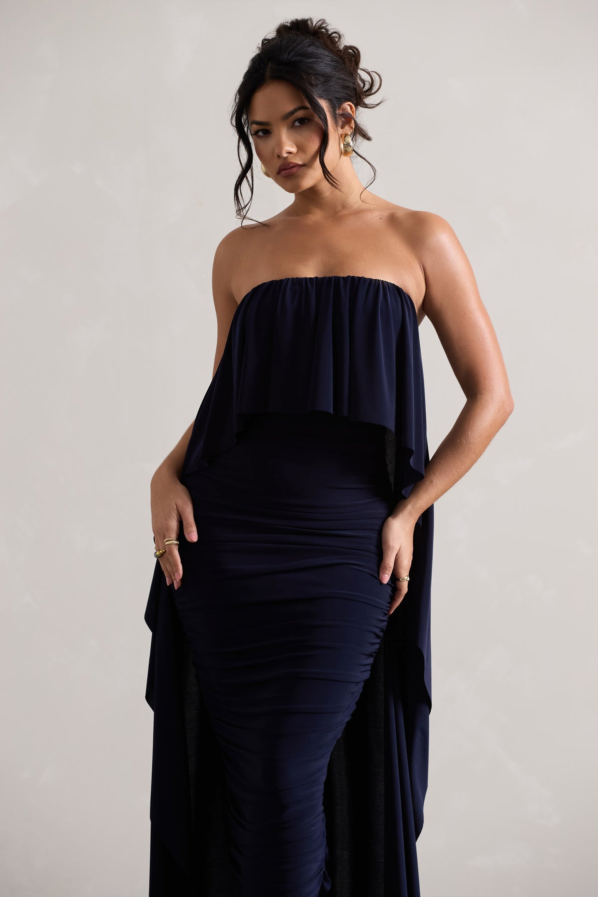 Upon A Time | Navy Ruched Bandeau Midi Dress With Cape - Club L 