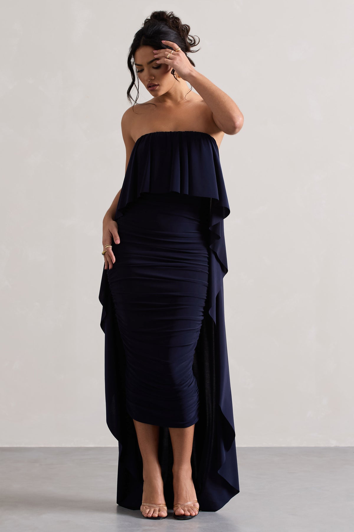 Upon A Time | Navy Ruched Bandeau Midi Dress With Cape - Club L 