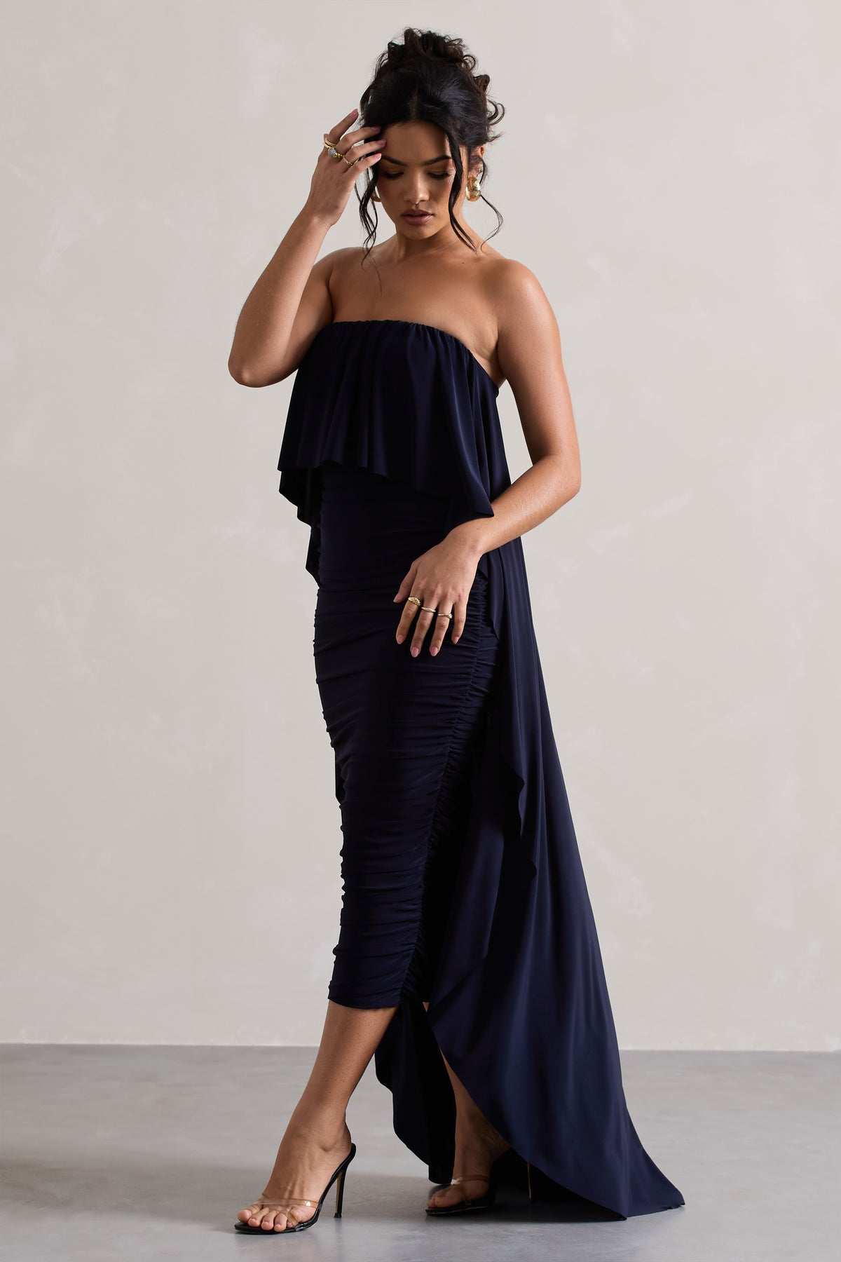 Upon A Time | Navy Ruched Bandeau Midi Dress With Cape - Club L 