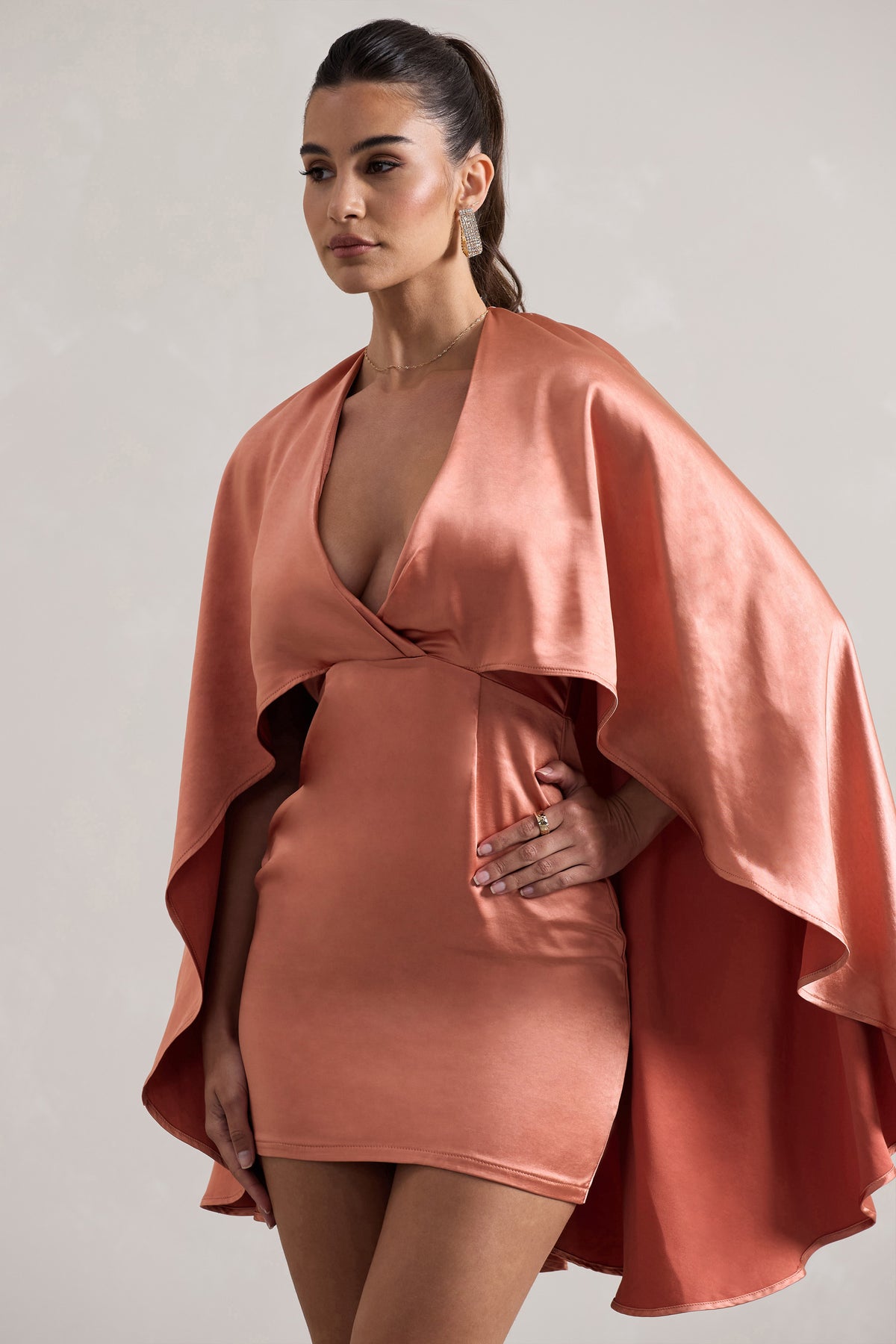 Olsen | Coral Satin Plunge-Neck Cape Mini Dress - Club L 
