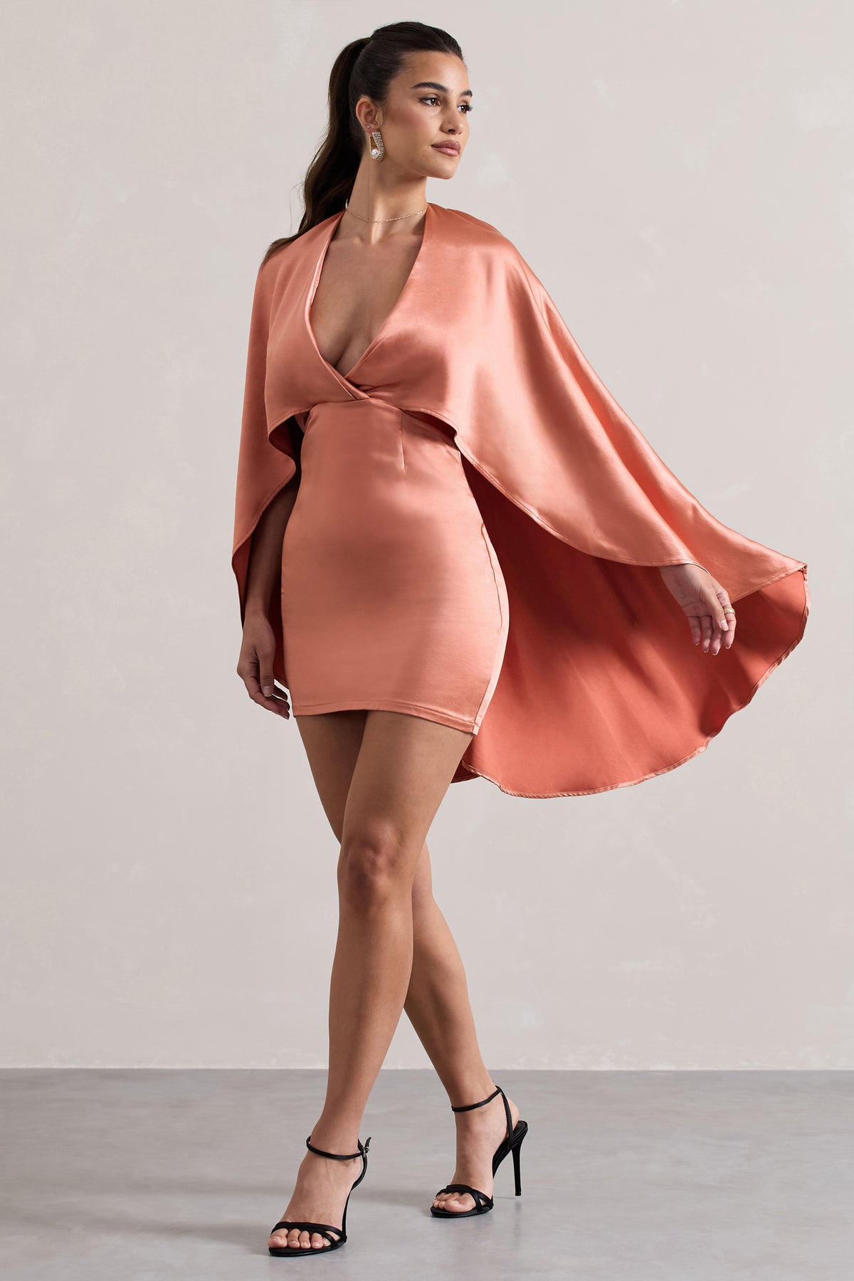 Olsen | Coral Satin Plunge-Neck Cape Mini Dress - Club L 