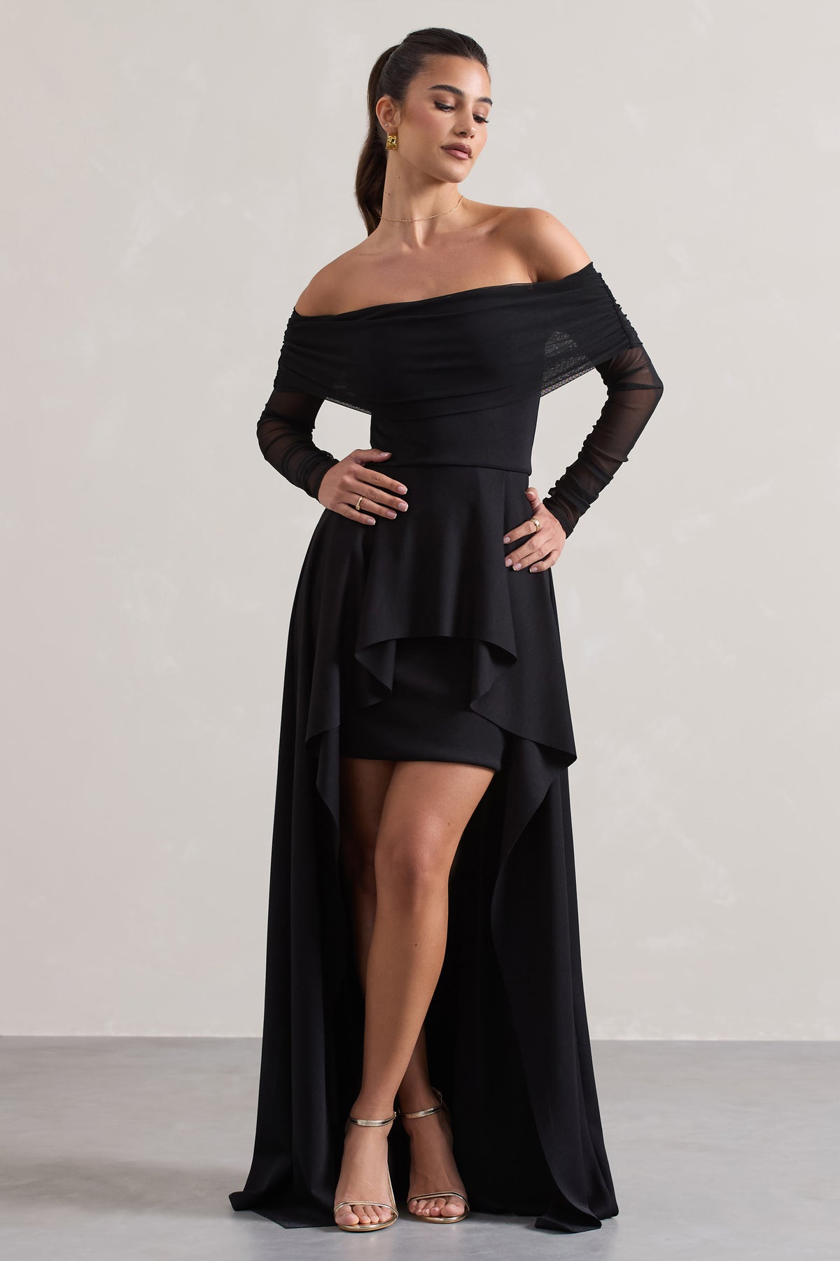 Lunara | Black Bardot High-Low Maxi Dress - Club L 