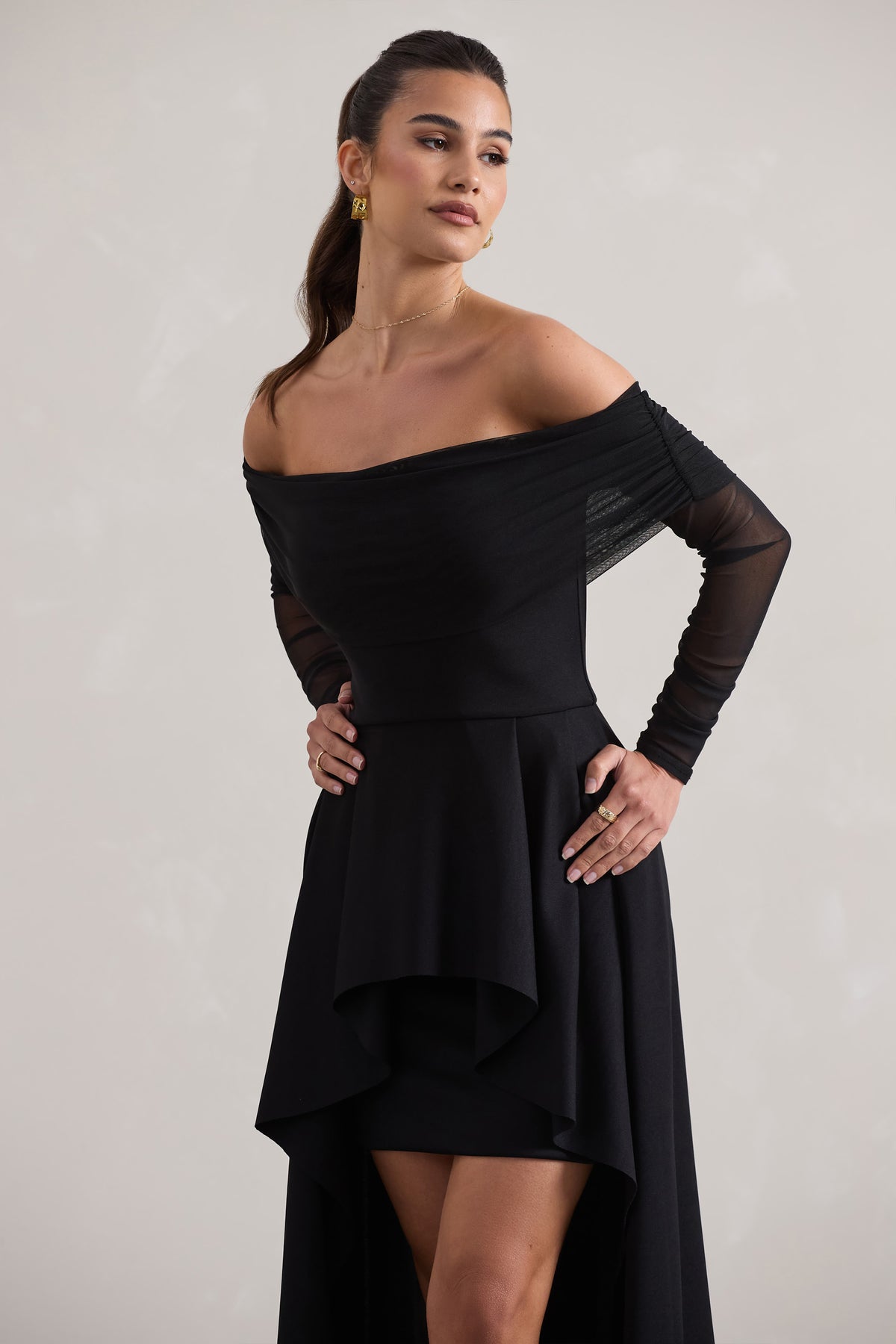 Lunara | Black Bardot High-Low Maxi Dress - Club L 
