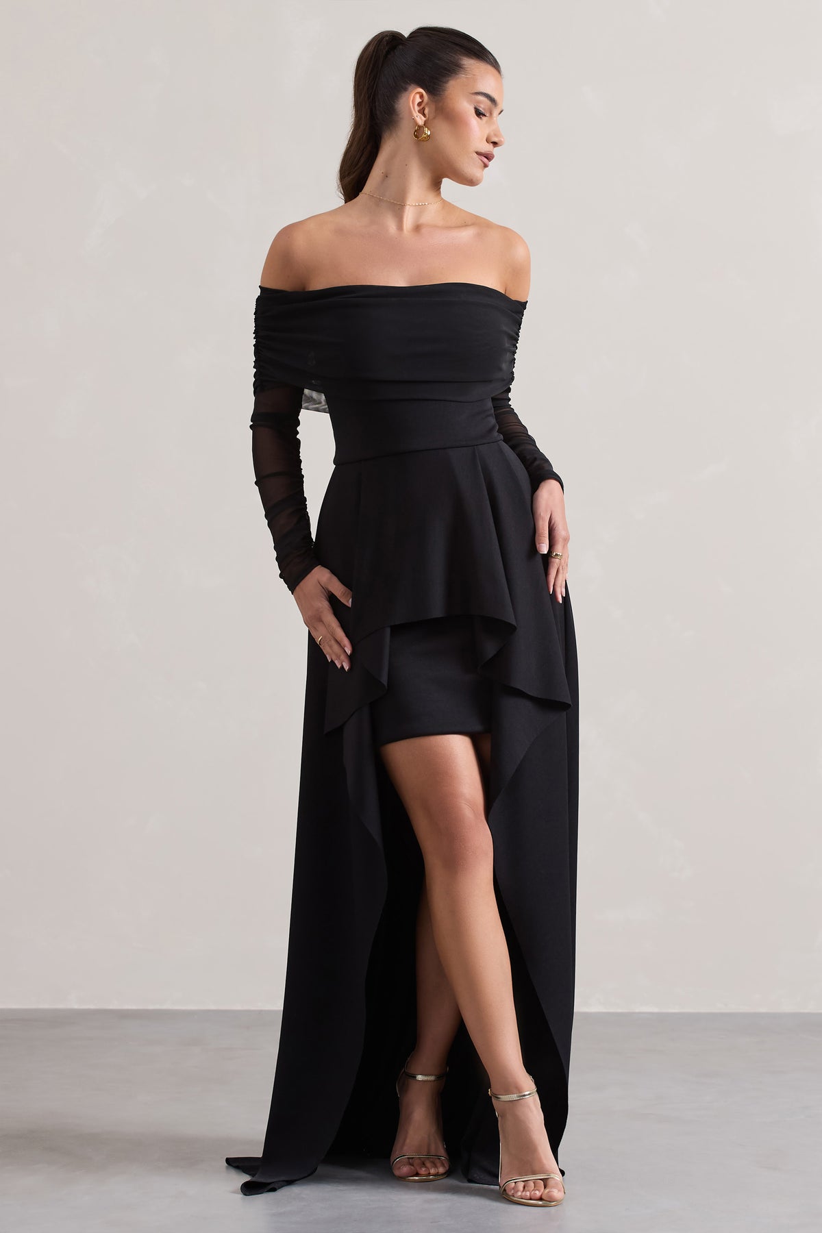 Lunara | Black Bardot High-Low Maxi Dress - Club L 