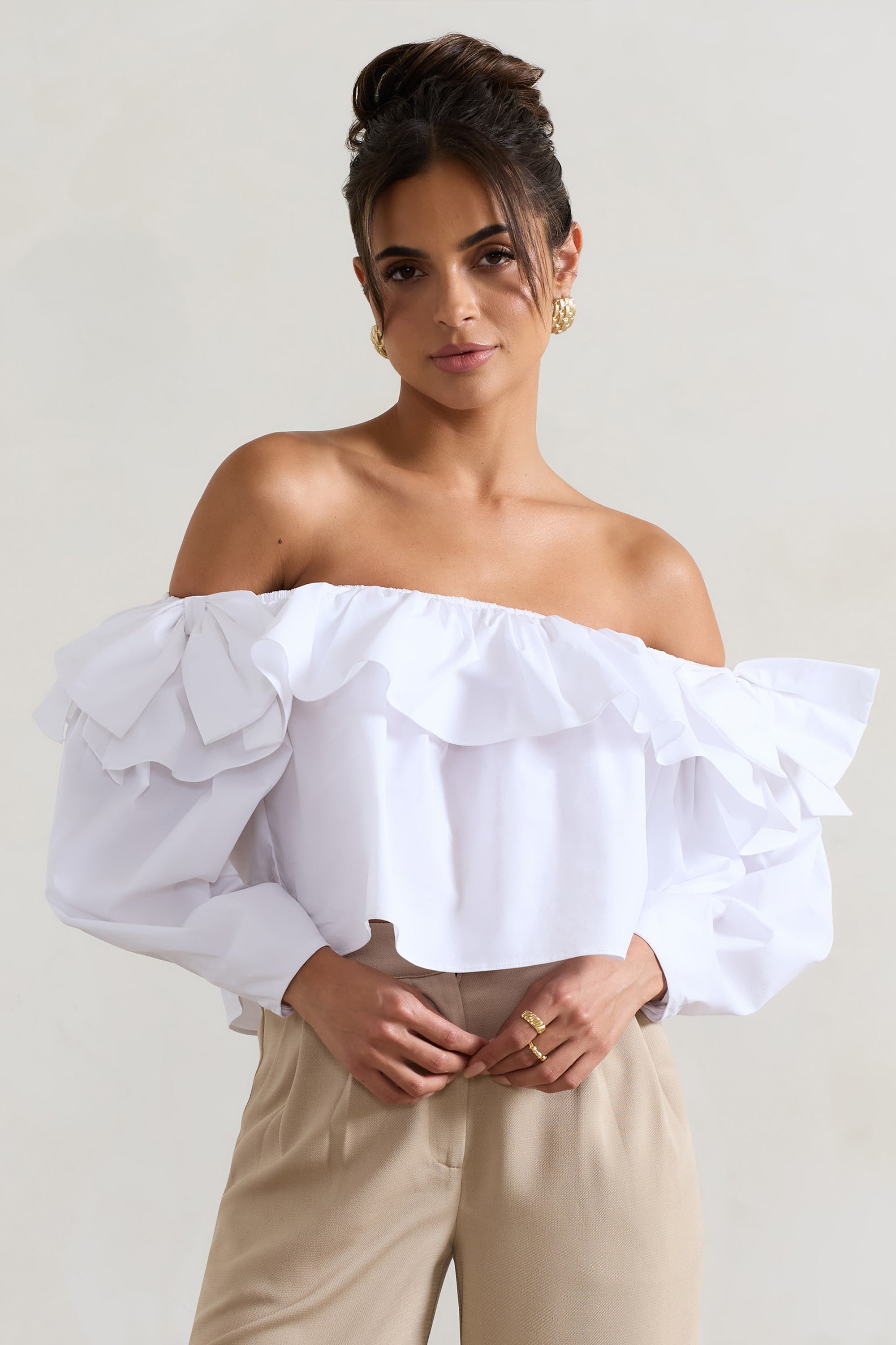 Cove | White Bardot Puff-Sleeve Ruffle Top With Bows - Club L 