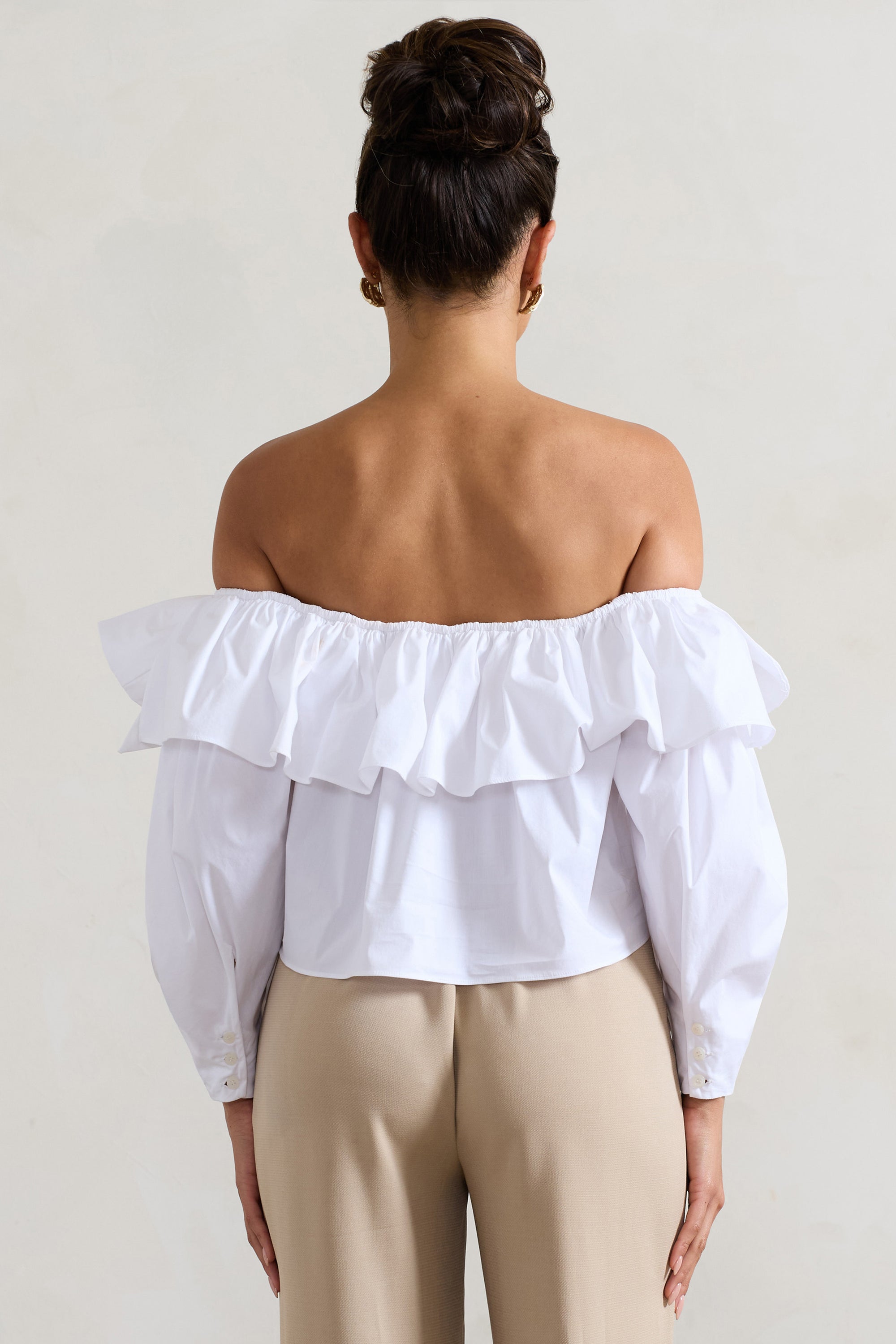 Cove | White Bardot Puff-Sleeve Ruffle Top With Bows - Club L 