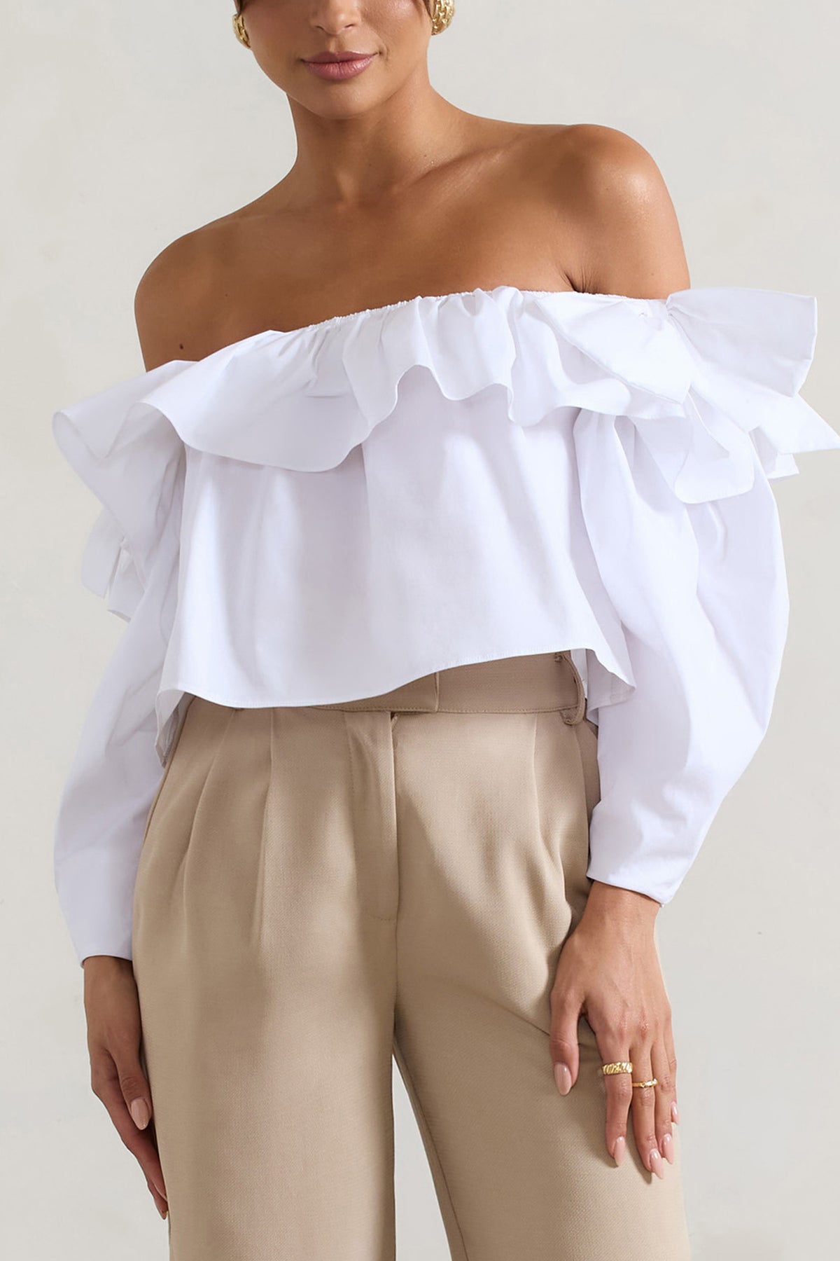 Cove | White Bardot Puff-Sleeve Ruffle Top With Bows - Club L 