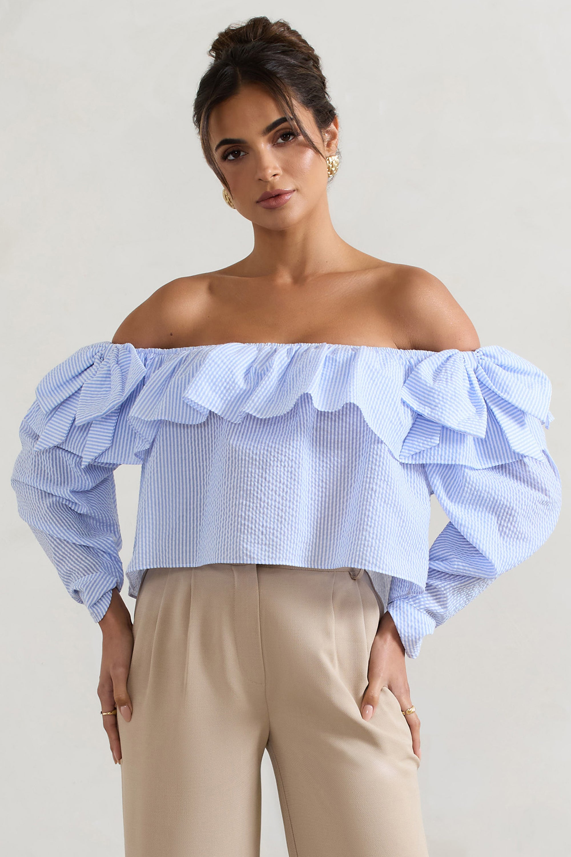 Harbour | Blue Pinstripe Bardot Puff-Sleeve Top With Bows - Club L 
