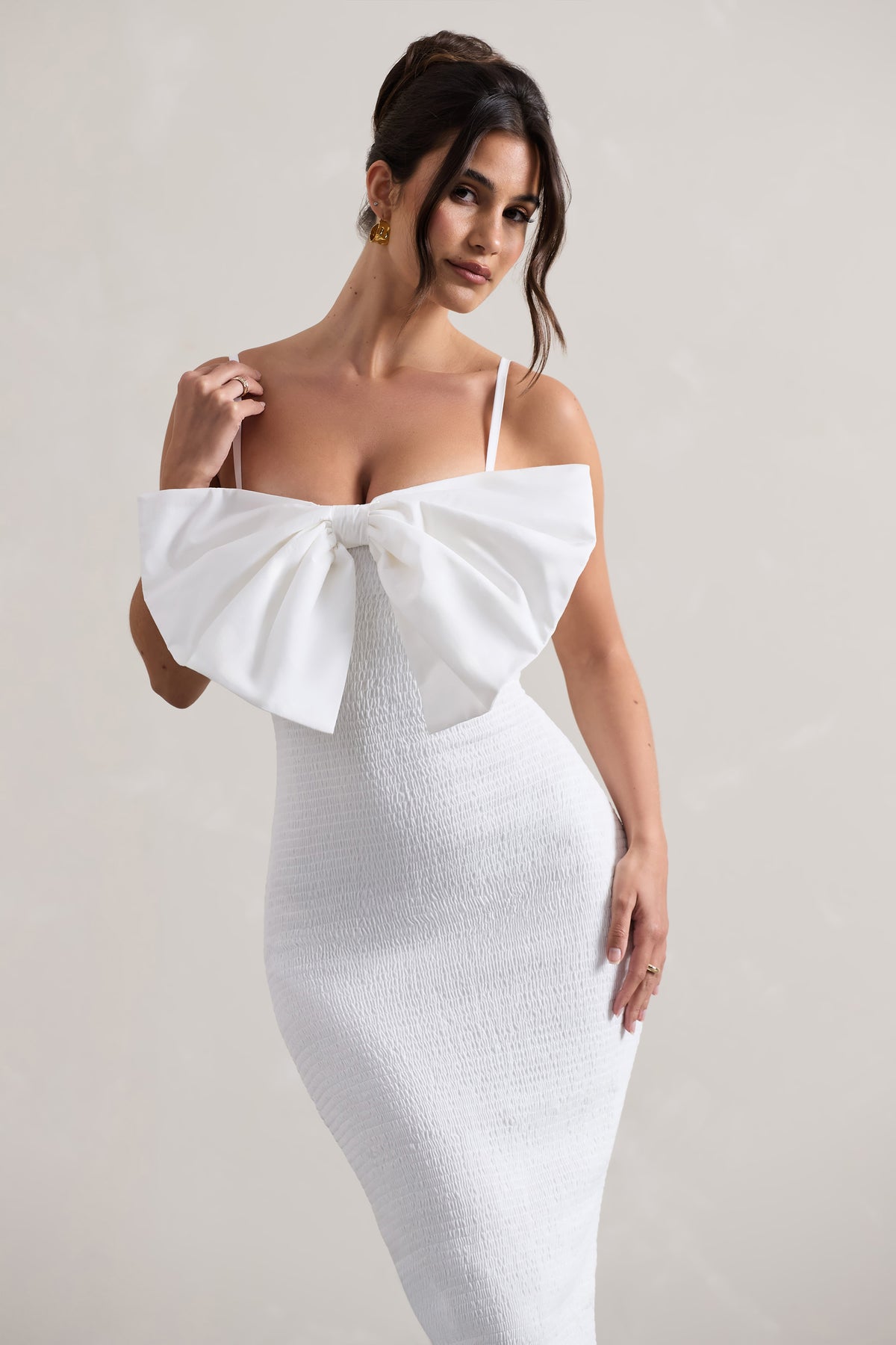Love Poem White Bodycon Midi Dress With Oversized Bow Club L London - UK Love Poem White Bodycon Midi Dress With Oversized Bow Club L London - UK