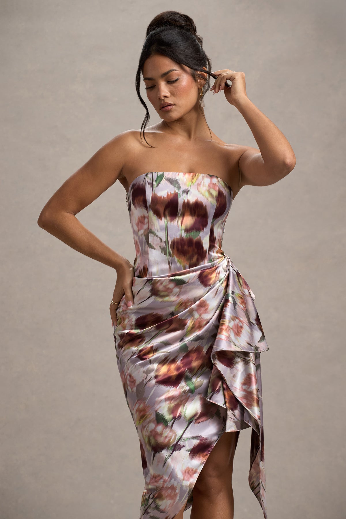 Axel | Cream Floral Print Satin Strapless Wrap Midi Dress - Club L 