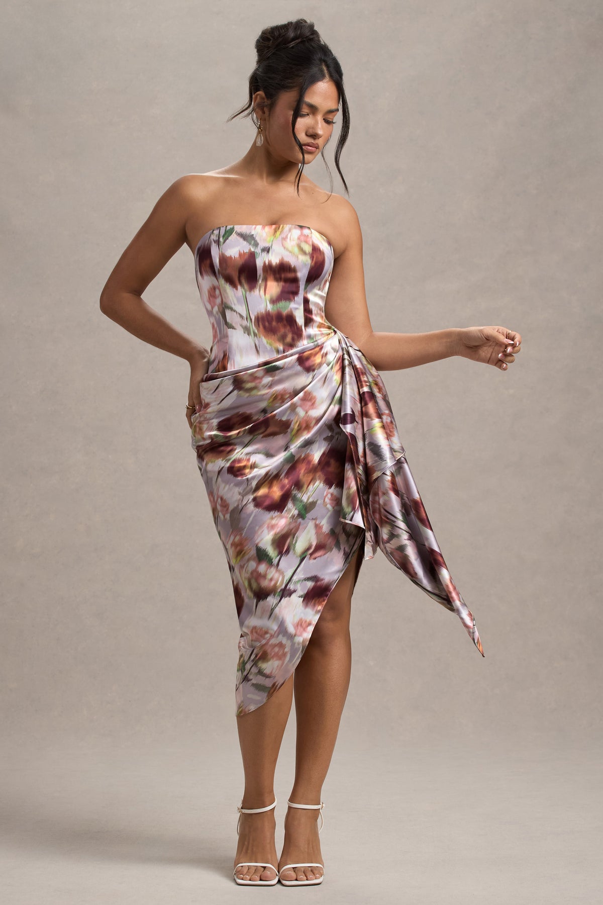 Axel | Cream Floral Print Satin Strapless Wrap Midi Dress - Club L 