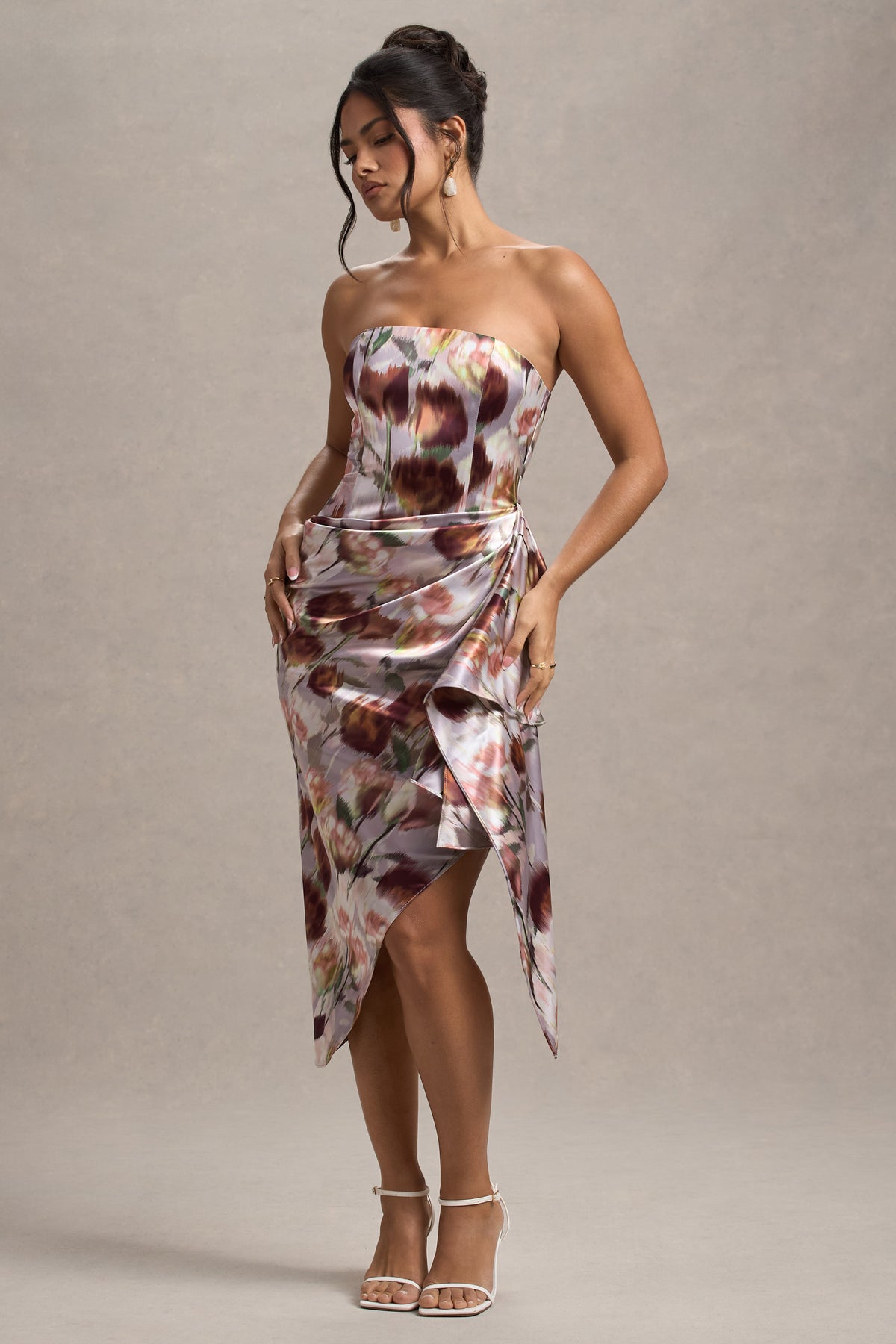 Axel | Cream Floral Print Satin Strapless Wrap Midi Dress - Club L 