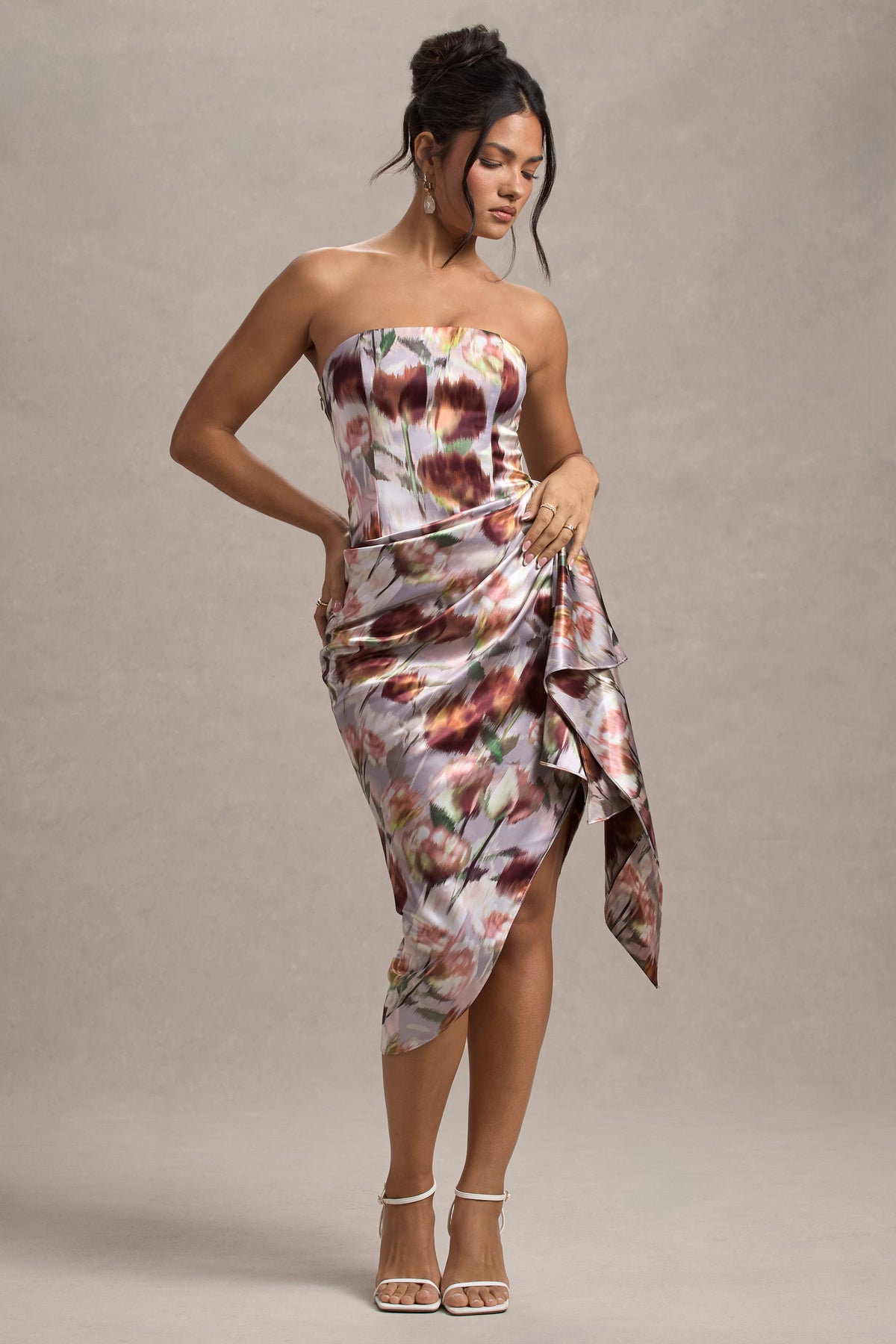 Axel | Cream Floral Print Satin Strapless Wrap Midi Dress - Club L 
