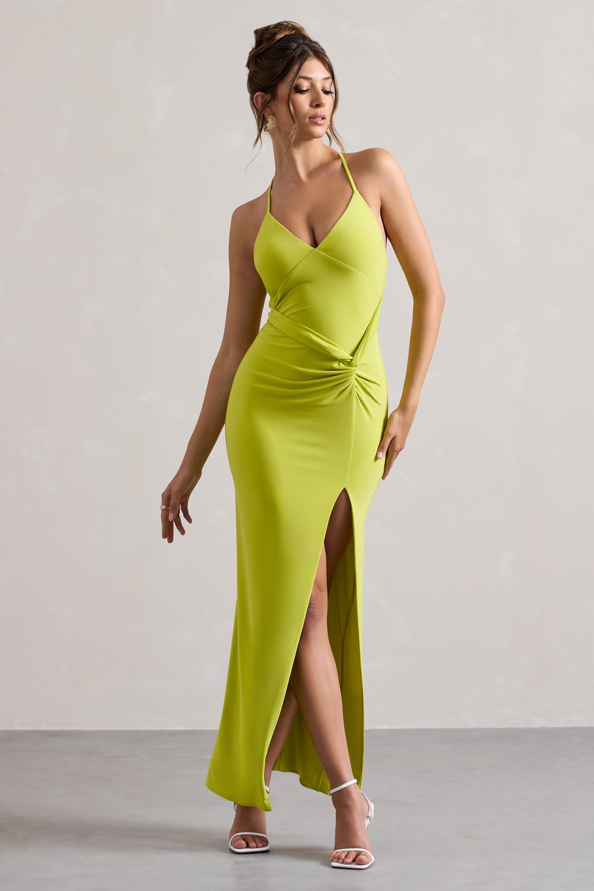 Domenica | Lime Green Halter-Neck Wrap Maxi Dress - Club L 