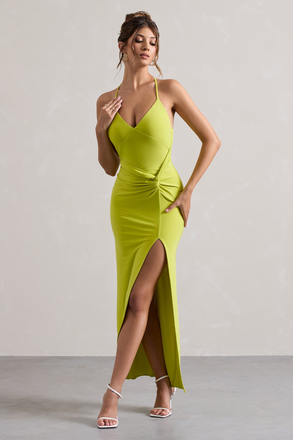 Domenica | Lime Green Halter-Neck Wrap Maxi Dress - Club L 