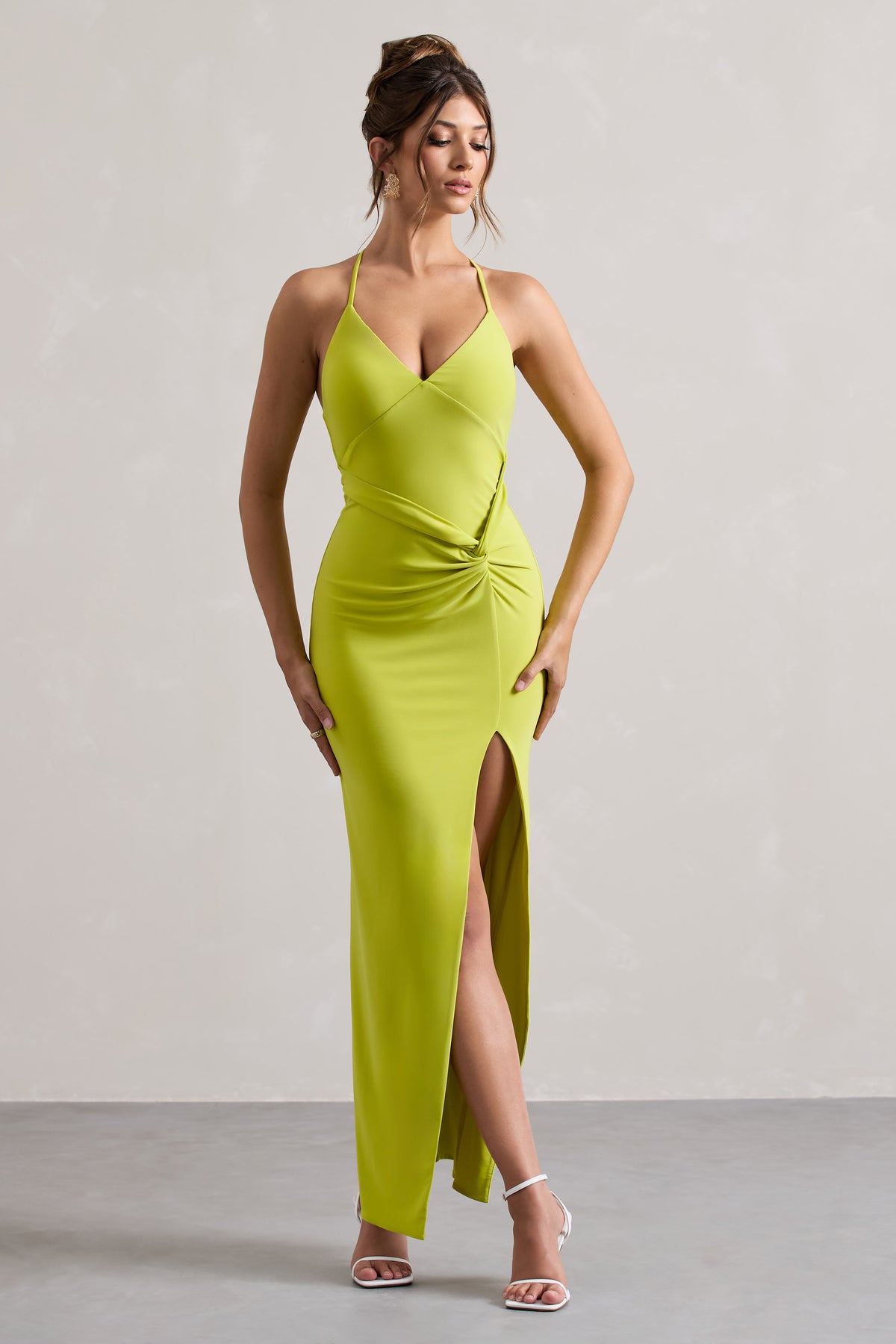 Domenica | Lime Green Halter-Neck Wrap Maxi Dress - Club L 