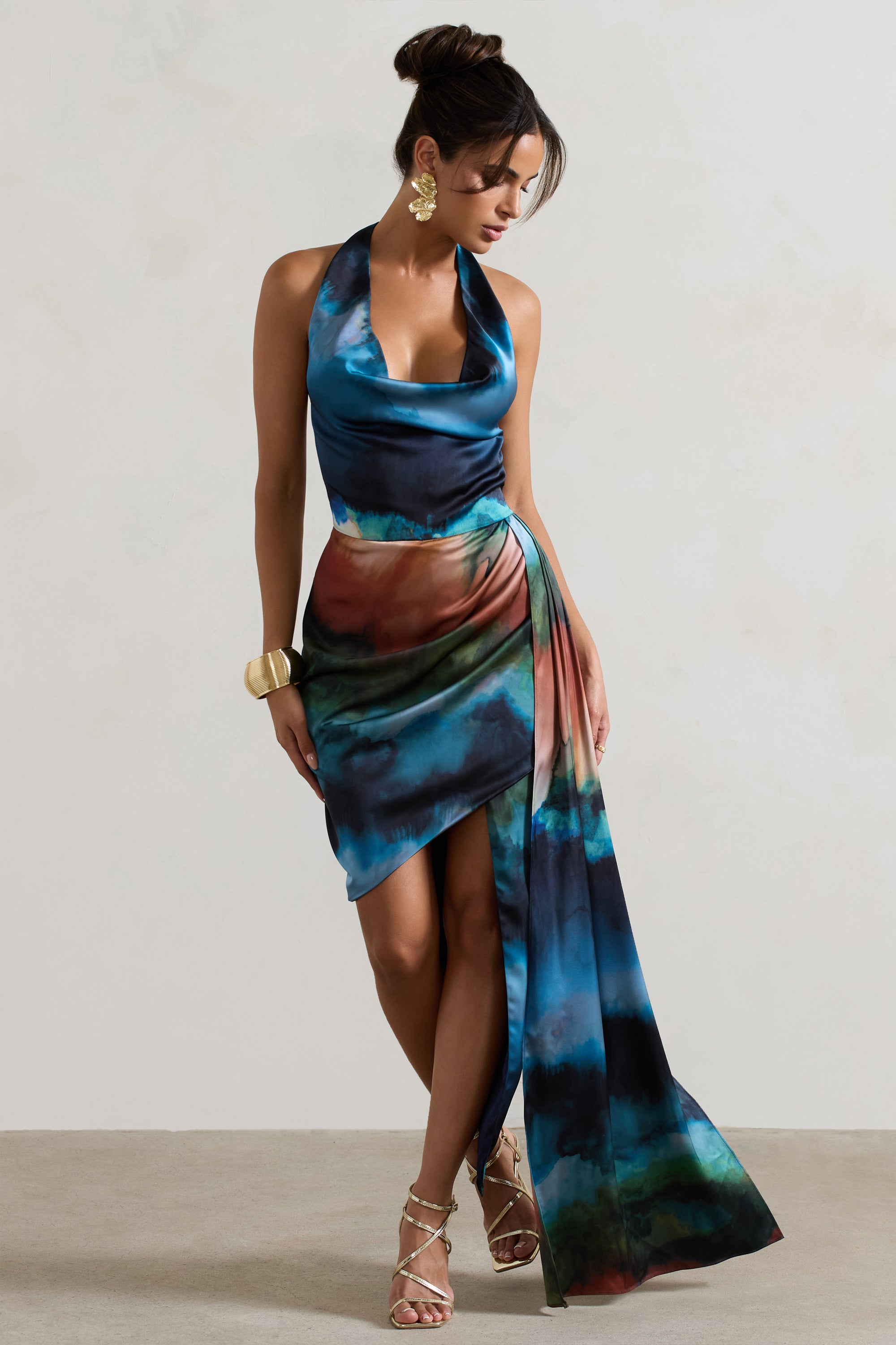 Bali | Blue Blur Print Satin Cowl-Neck Draped Midi Dress - Club L 