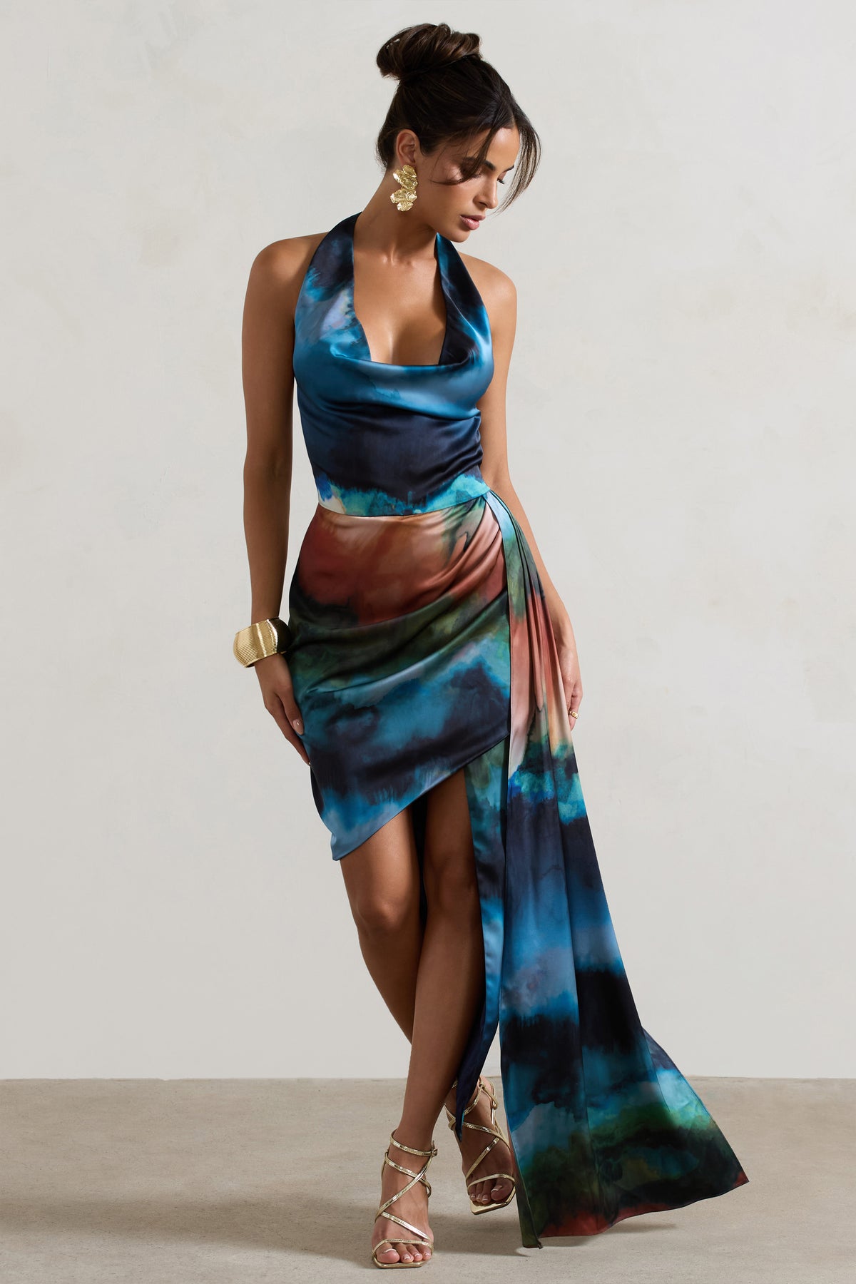 Bali Blue Blur Print Satin Cowl-Neck Draped Midi Dress Club L London - UK Bali Blue Blur Print Satin Cowl-Neck Draped Midi Dress Club L London - UK