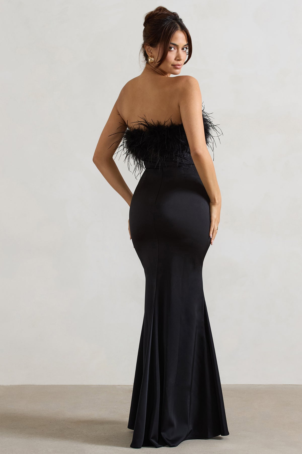 Lavish Alice Black Dress With Feathers On Top Dress For It Black Satin Feather Trim Bandeau Maxi Dress Club L London UK Lavish Alice Black Dress With Feathers On Top Dress For It Black Satin Feather Trim Bandeau Maxi Dress Club L London UK
